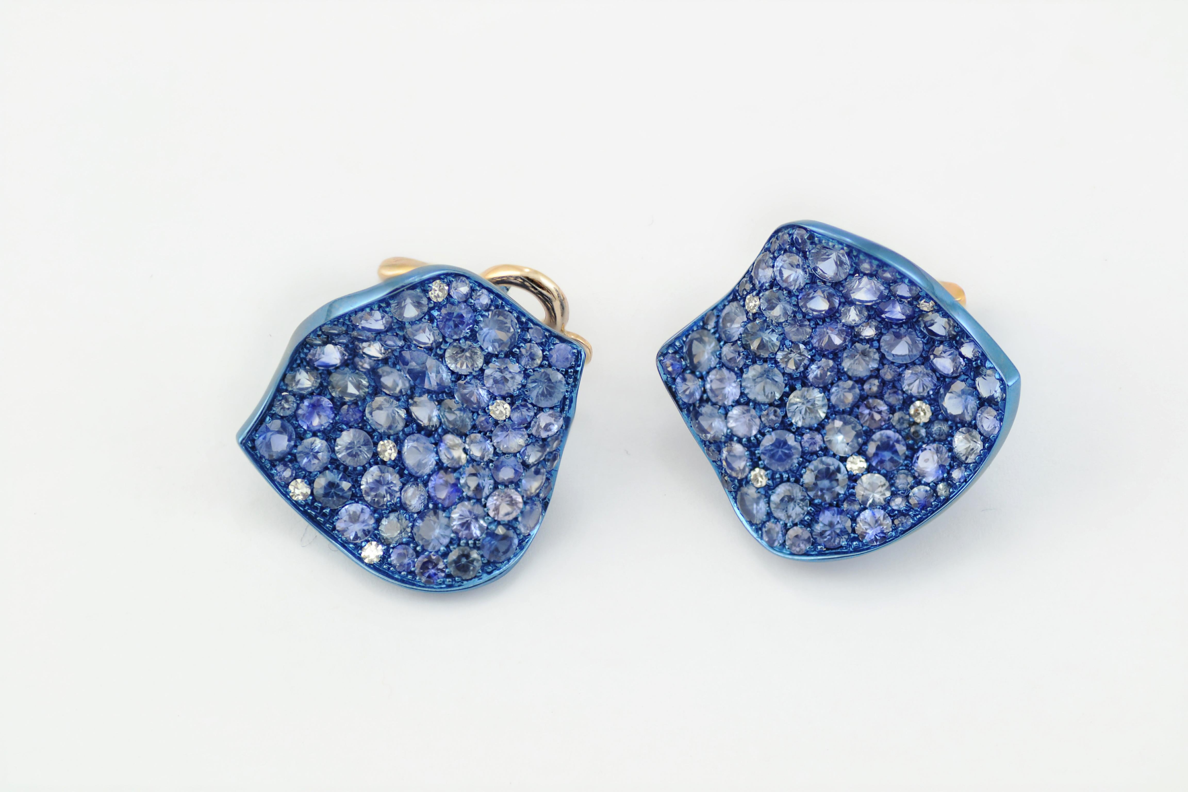 Blue Sapphires Titanium Diamond Gold Margherita Burgener Italy Petal Earrings In New Condition In Valenza , IT