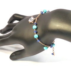 Bracelet en or rose 9 carats Saphirs bleus Turquoises Zircon Fait à la main en Italie
