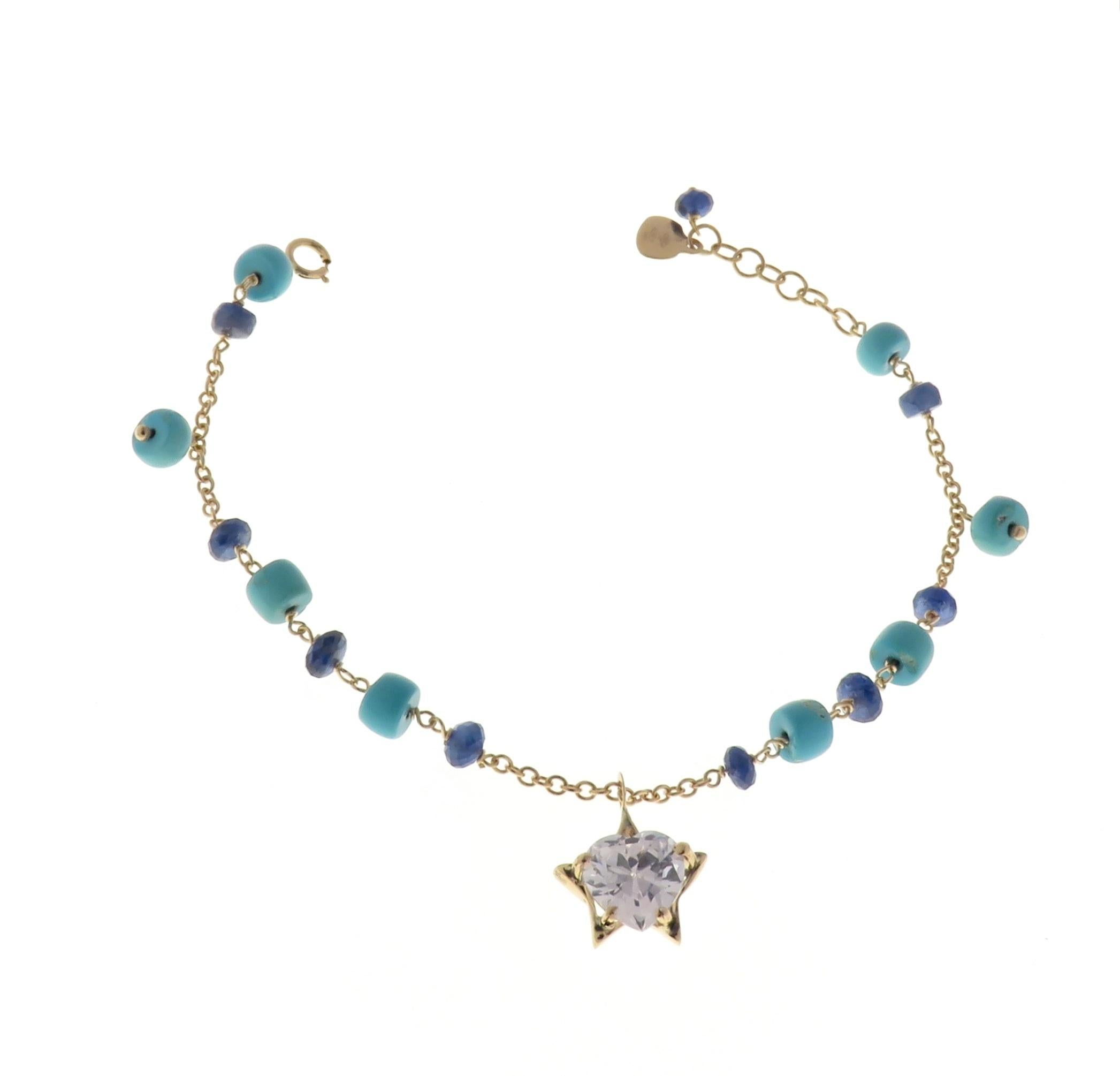 Women's Blue Sapphires Turquoises Zircon 9 Karat Rose Gold Bracelet Handcrafted in Italy For Sale