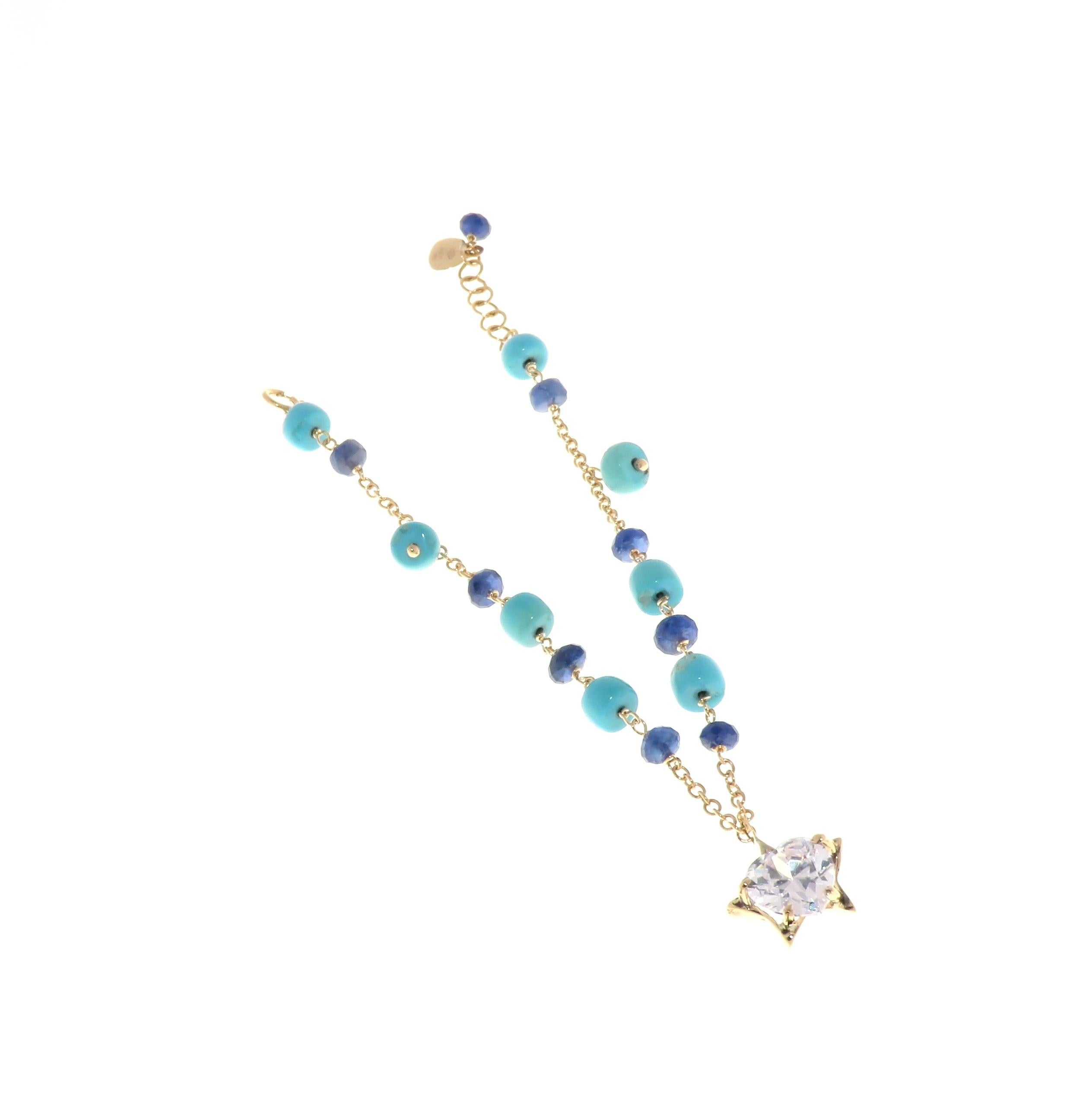 Blue Sapphires Turquoises Zircon 9 Karat Rose Gold Bracelet Handcrafted in Italy For Sale 1