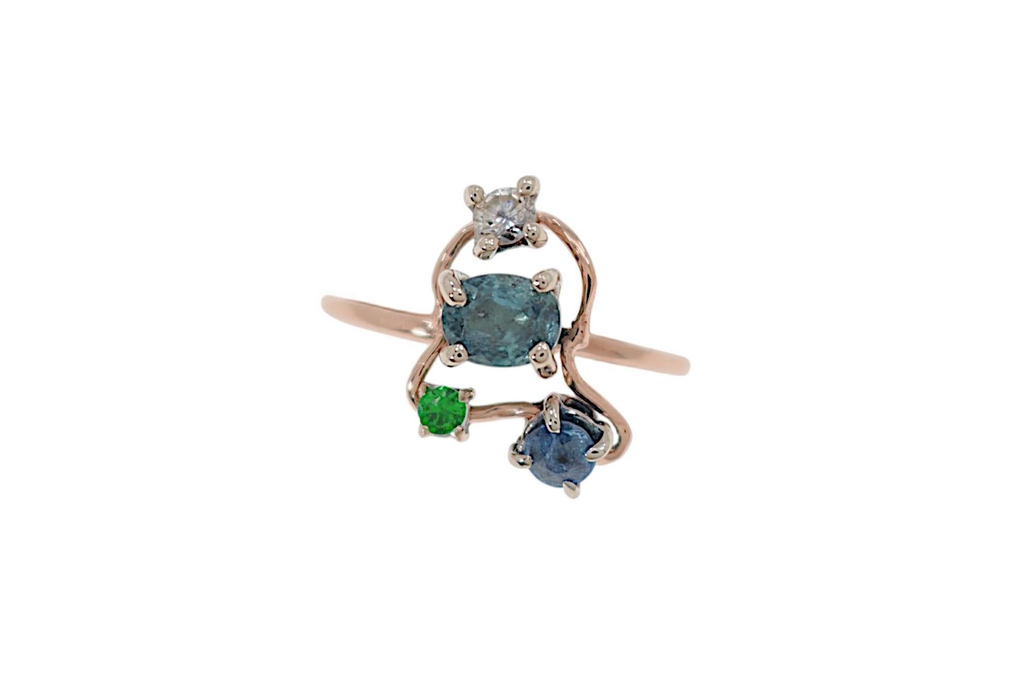 Contemporaneo Blue Sapphires White Diamond Green Tzavorite White Rose Gold Ring Botta Gioielli