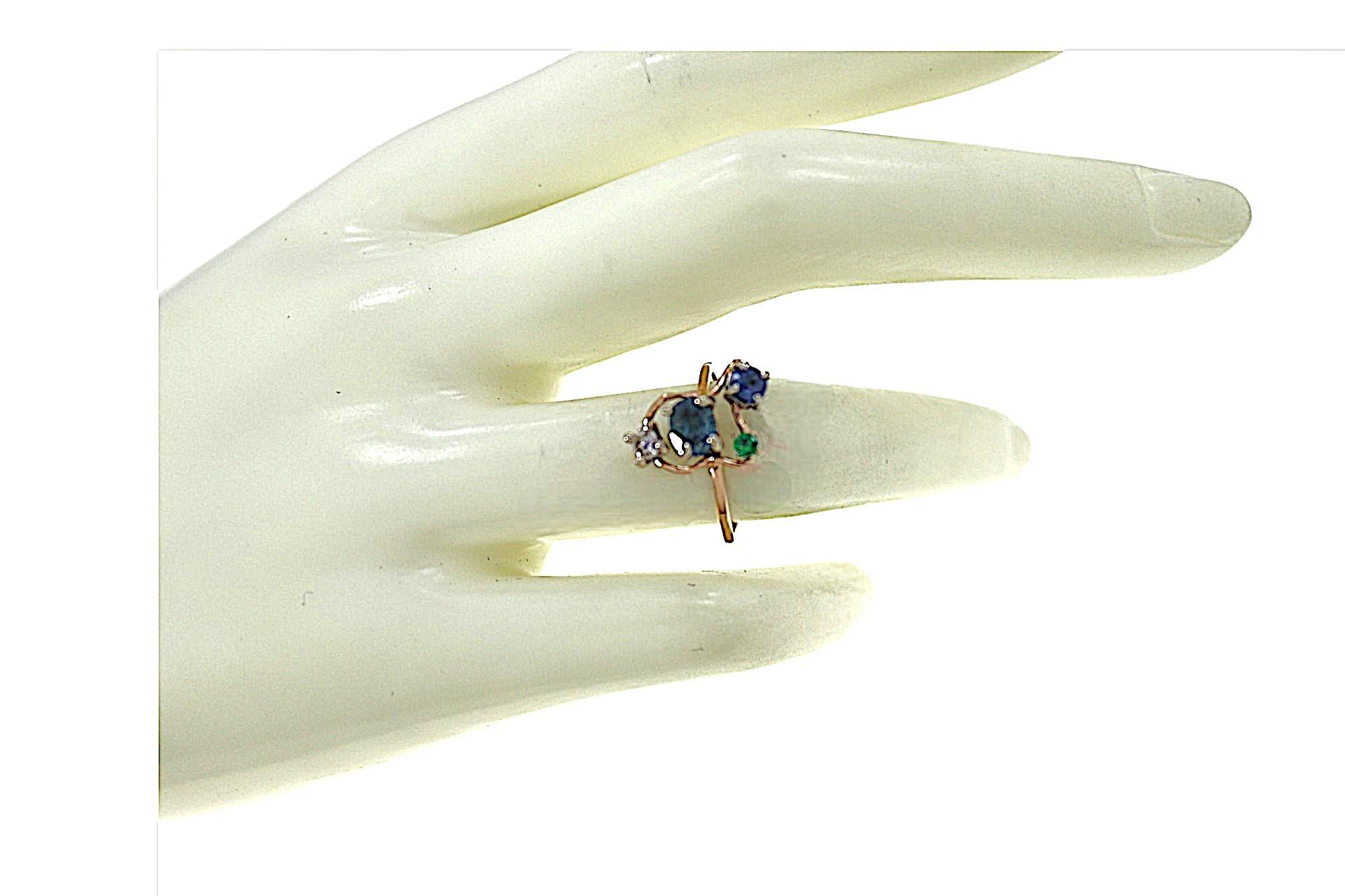 Taglio brillante Blue Sapphires White Diamond Green Tzavorite White Rose Gold Ring Botta Gioielli