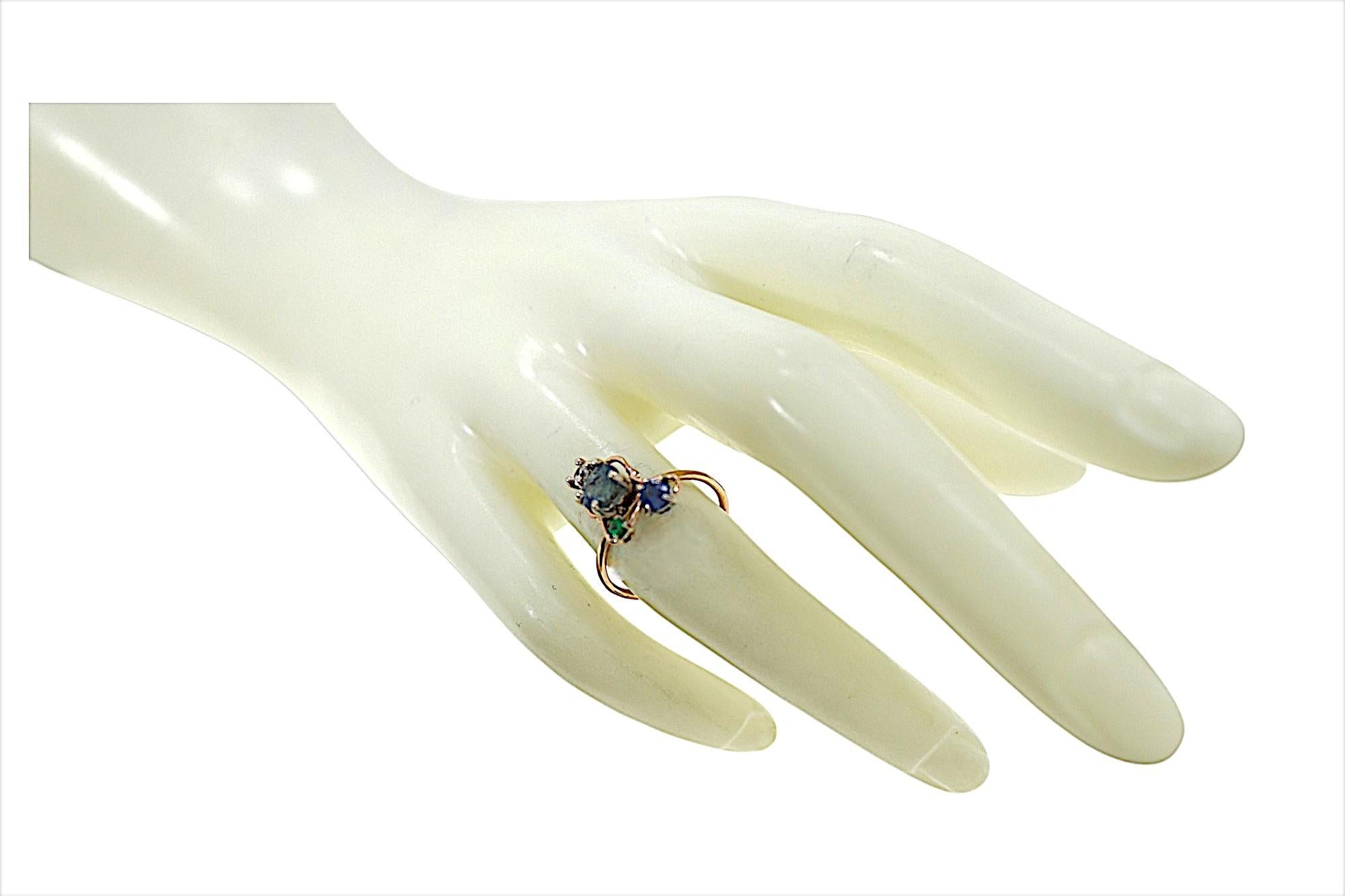 Blue Sapphires White Diamond Green Tzavorite White Rose Gold Ring Botta Gioielli In condizioni Nuovo a Milano, IT