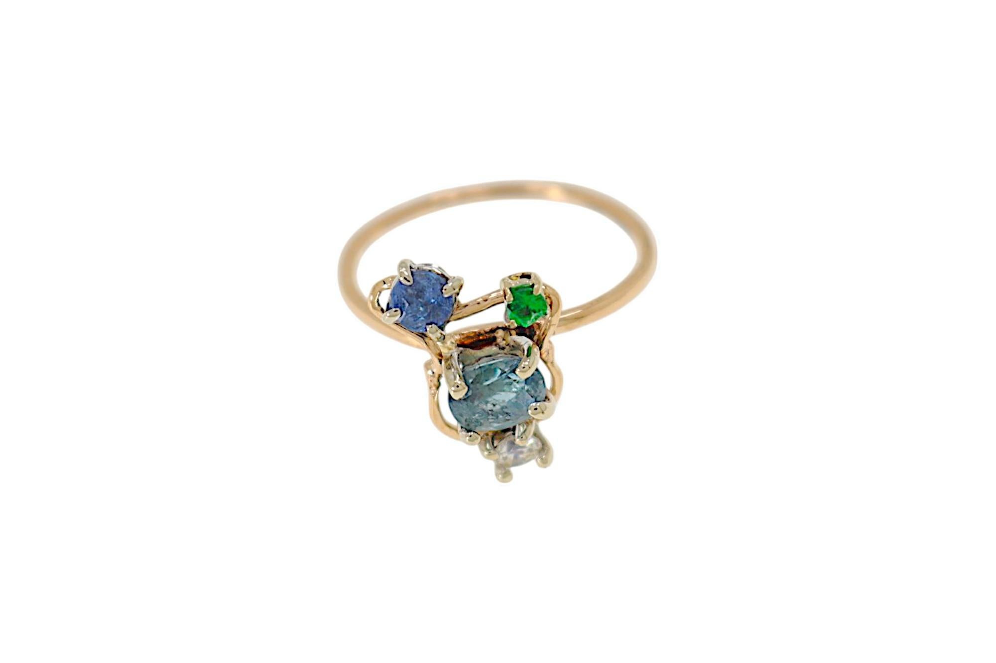 Donna Blue Sapphires White Diamond Green Tzavorite White Rose Gold Ring Botta Gioielli