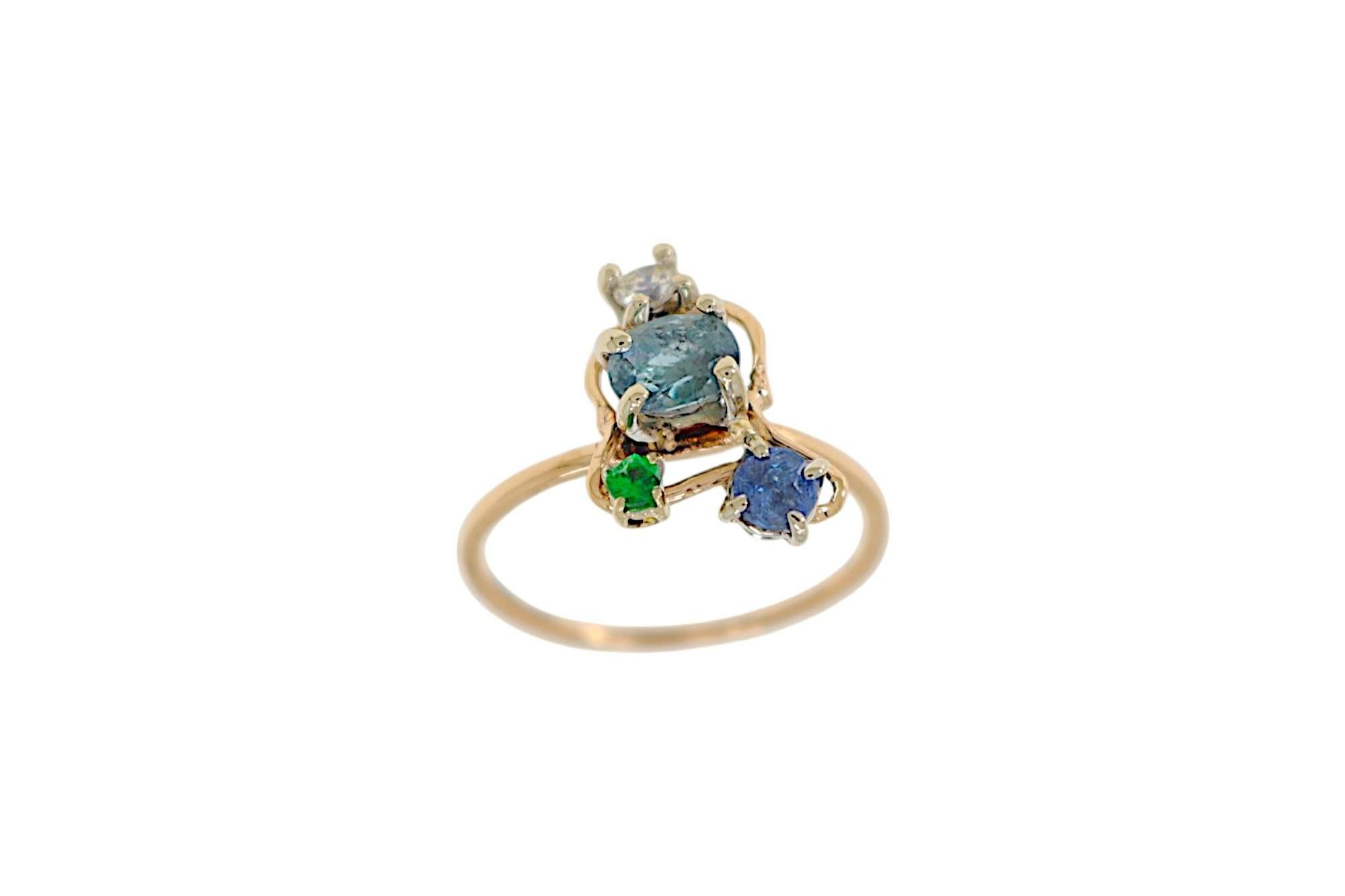 Blue Sapphires White Diamond Green Tzavorite White Rose Gold Ring Botta Gioielli 1