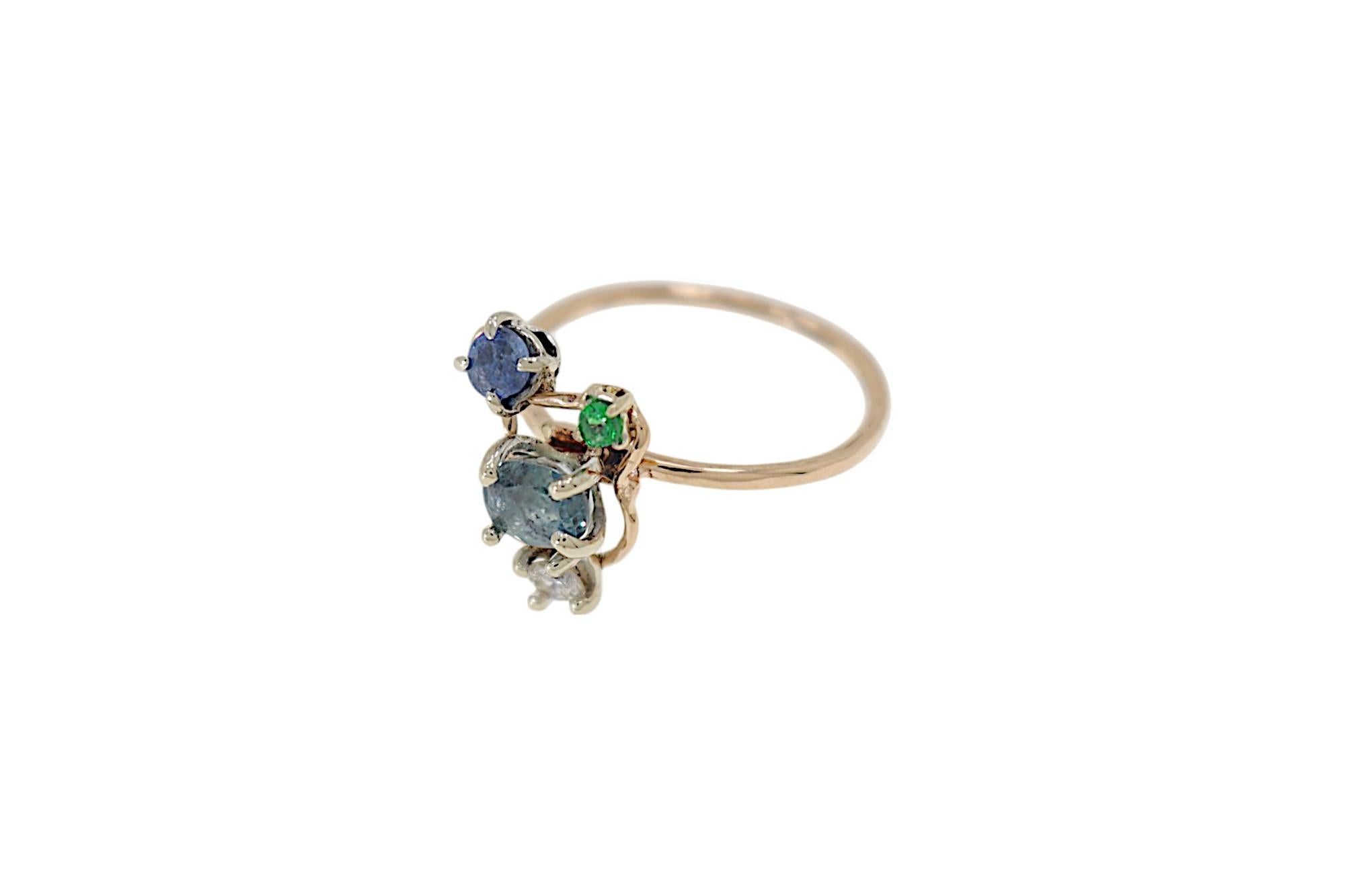 Blue Sapphires White Diamond Green Tzavorite White Rose Gold Ring Botta Gioielli 2