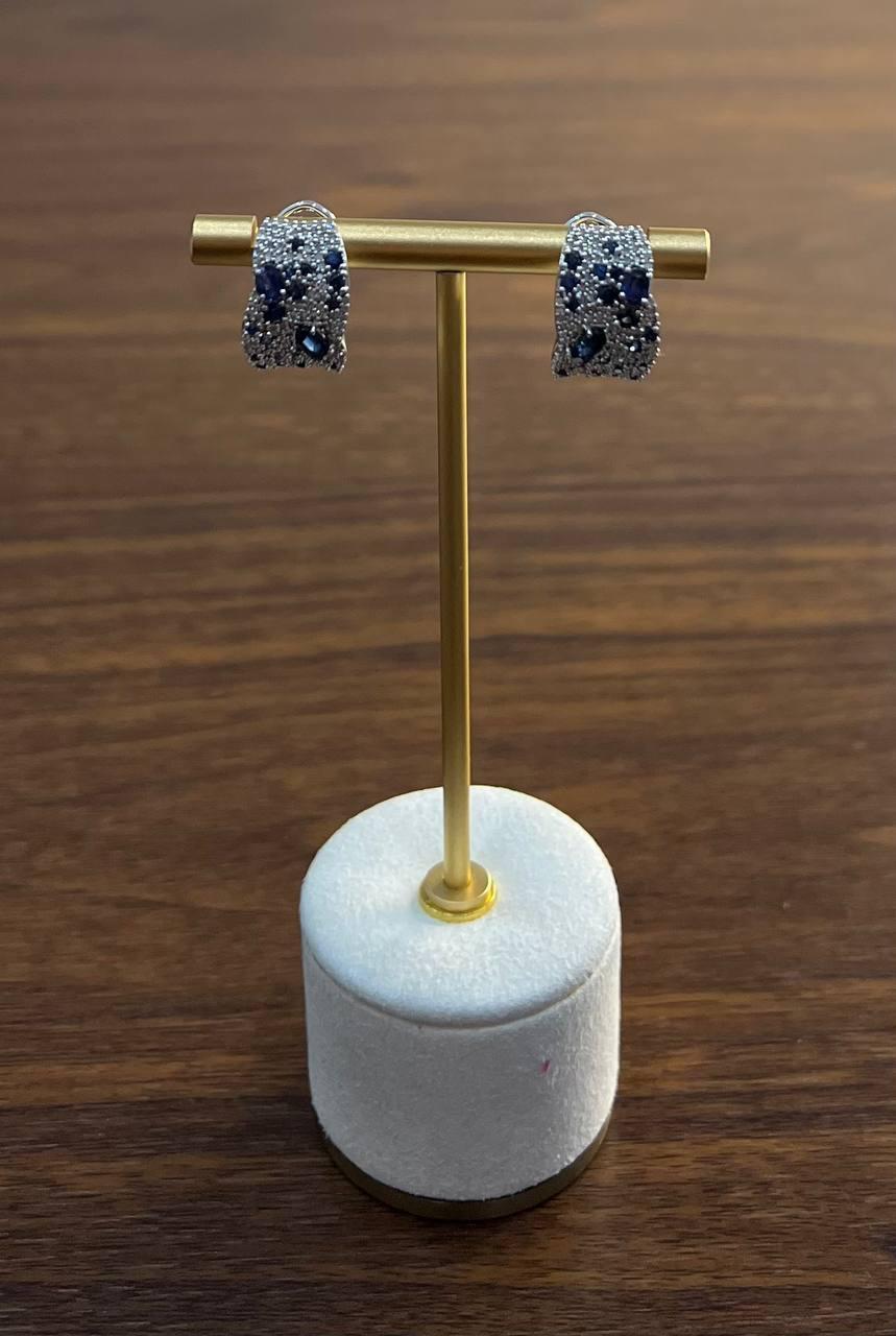 Blue Sapphires White Diamonds Cluster Pave Set 14K White Gold Huggie Earrings In New Condition For Sale In Oakton, VA