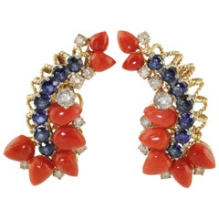 Blue Sapphires, White Diamonds, Red Coral Drops, Rose White Gold Clip-on Earrings