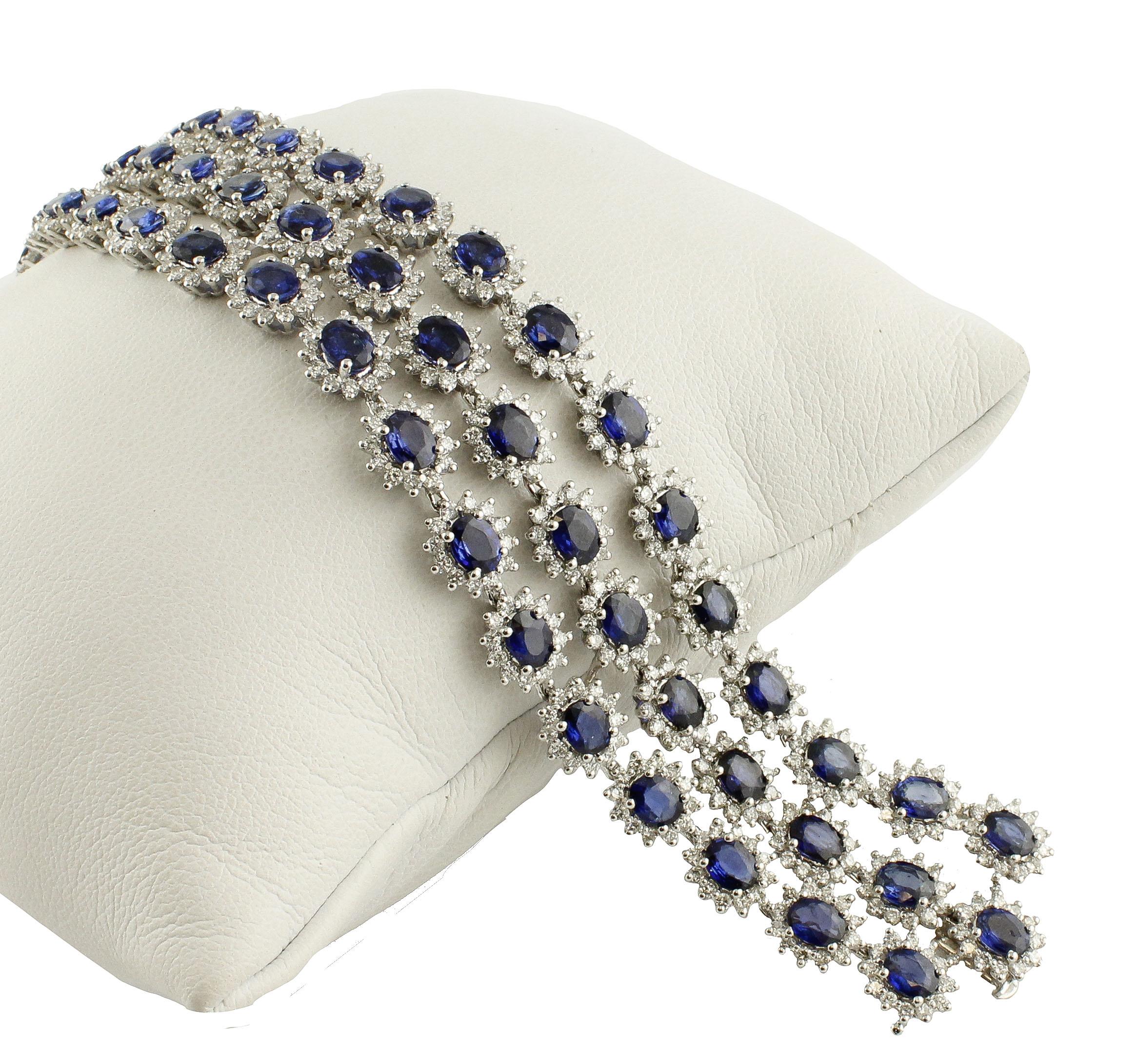 Brilliant Cut Blue Sapphires White Diamonds White Gold Link Bracelet For Sale
