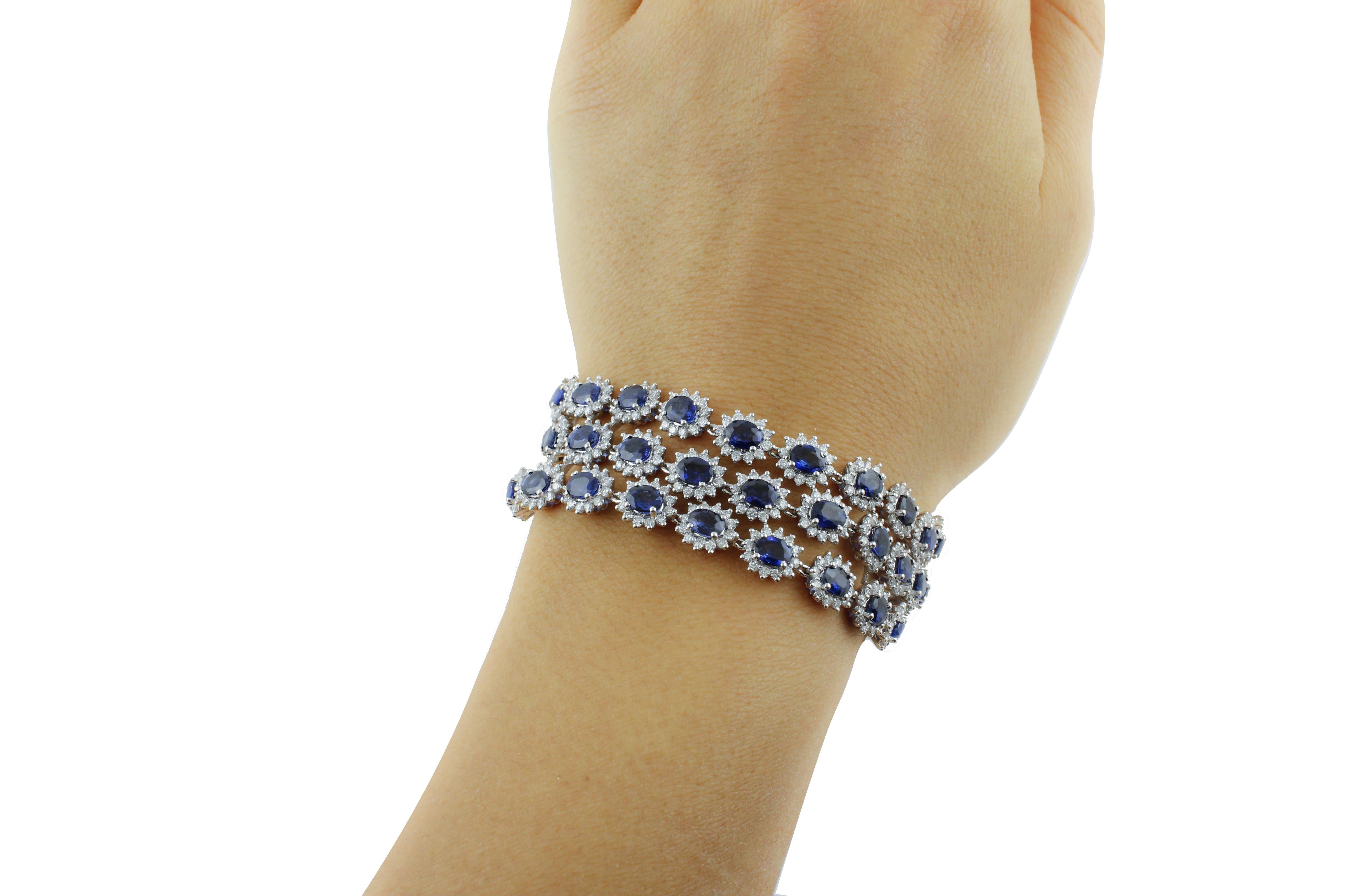 Women's Blue Sapphires White Diamonds White Gold Link Bracelet For Sale