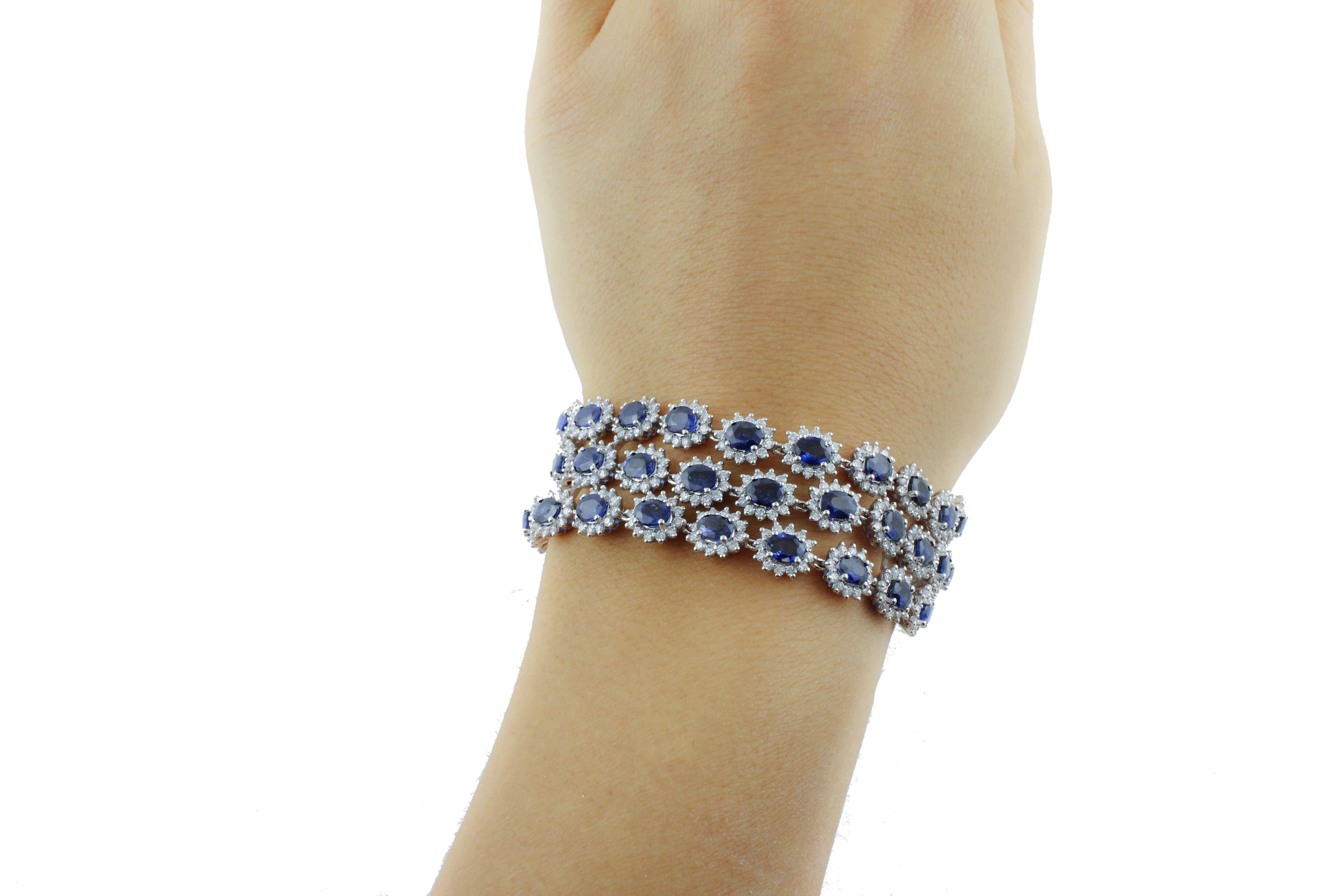 Blue Sapphires White Diamonds White Gold Link Bracelet For Sale 1
