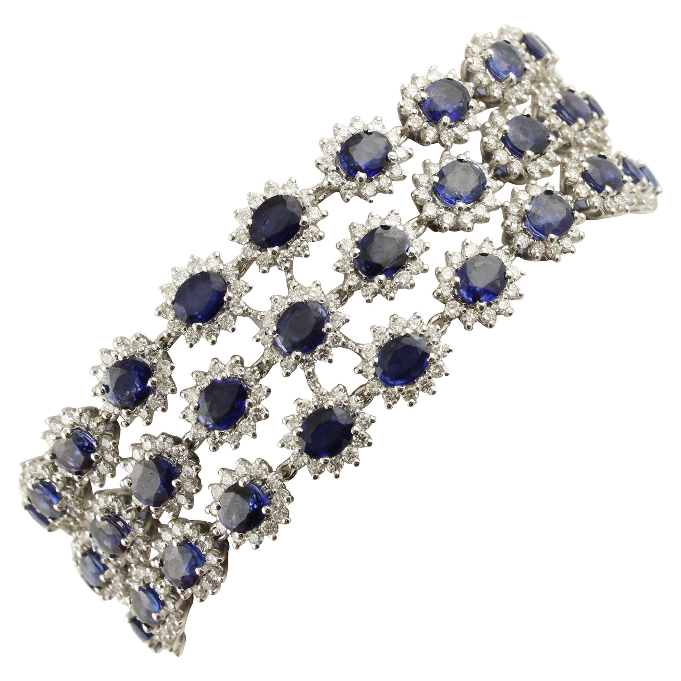 Blue Sapphires White Diamonds White Gold Link Bracelet For Sale