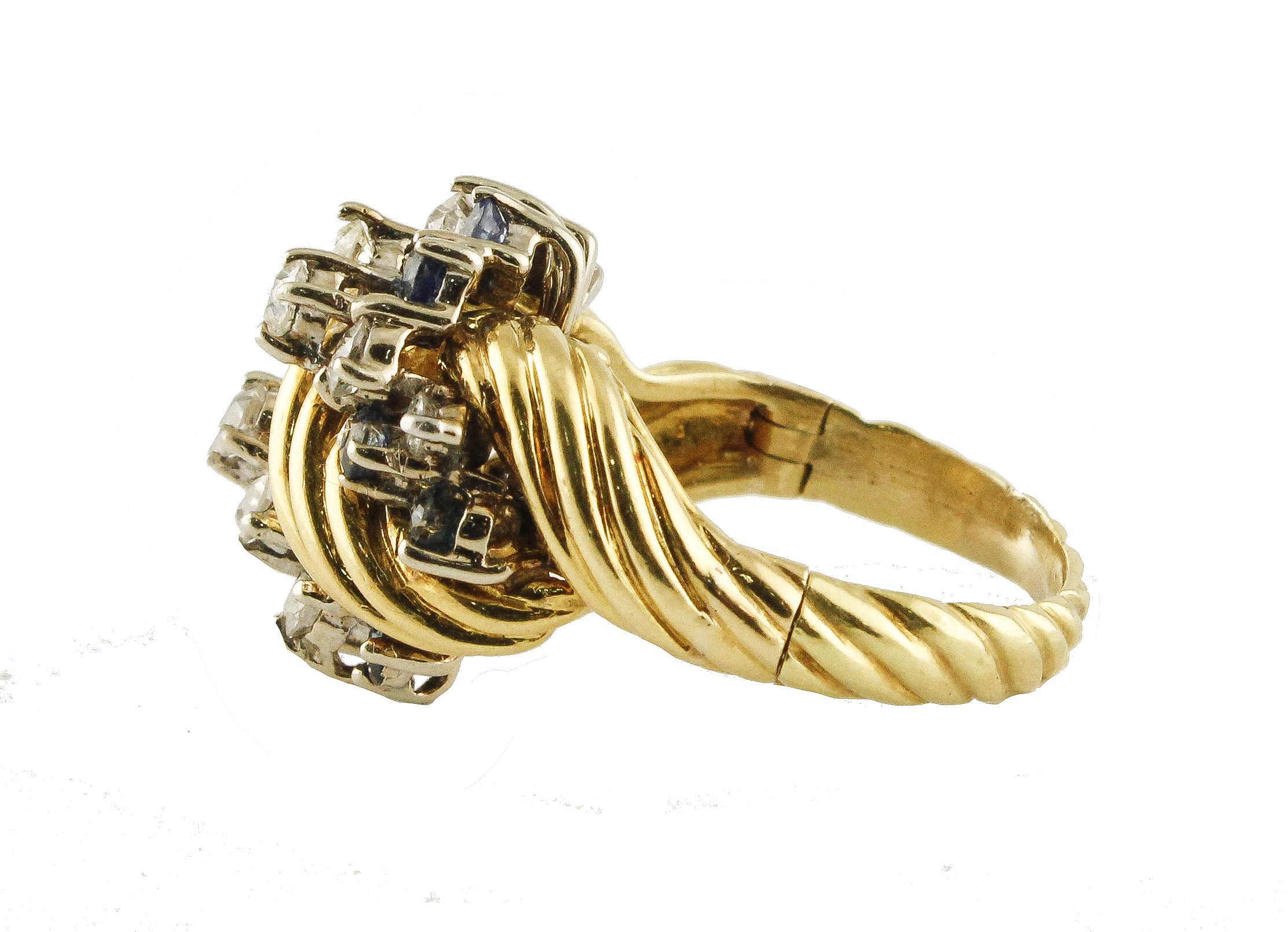Blaue Saphire Weiße Diamanten Gelbgold Mode Ring (Retro) im Angebot