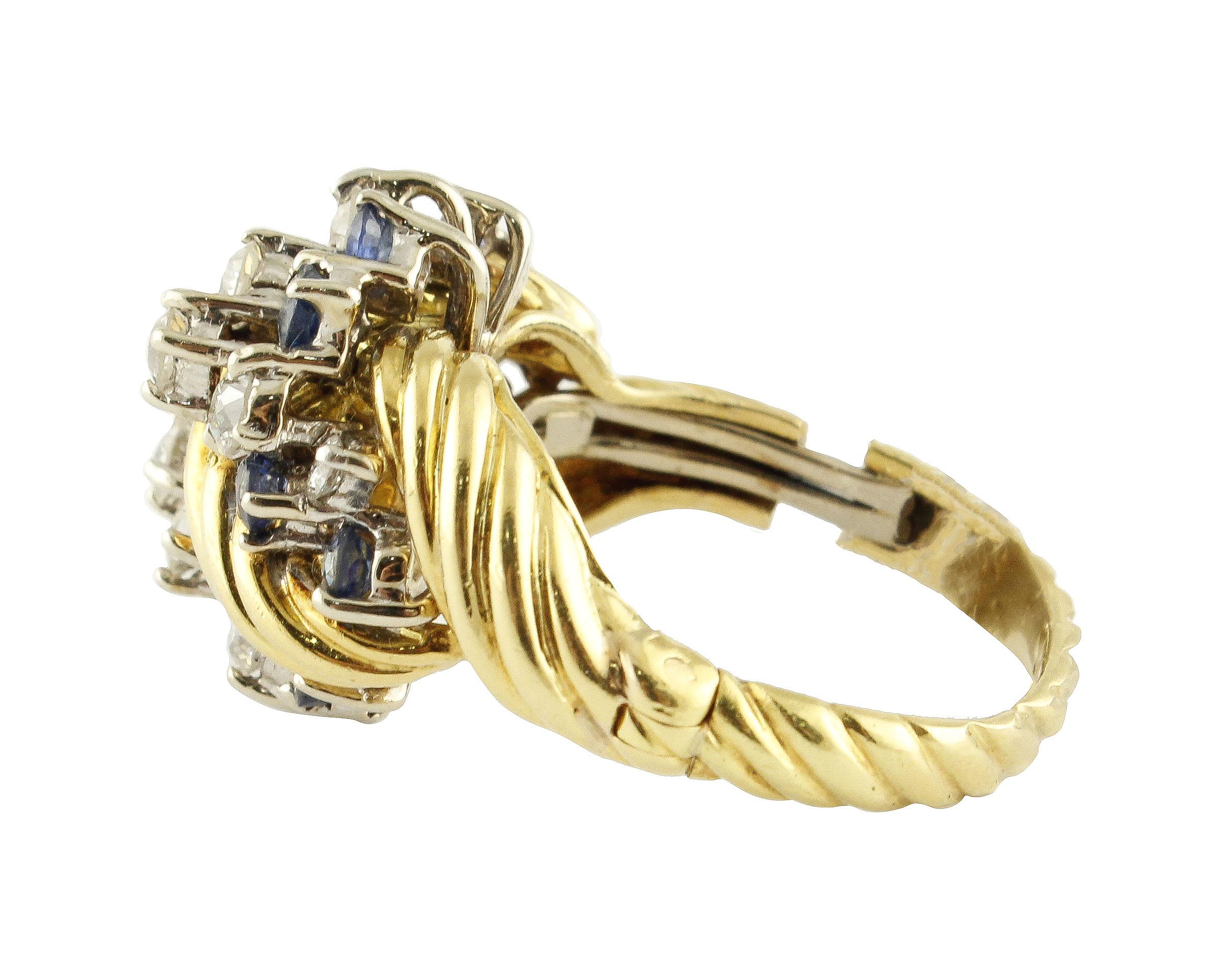 Brilliant Cut Blue Sapphires White Diamonds Yellow Gold Fashion Ring For Sale