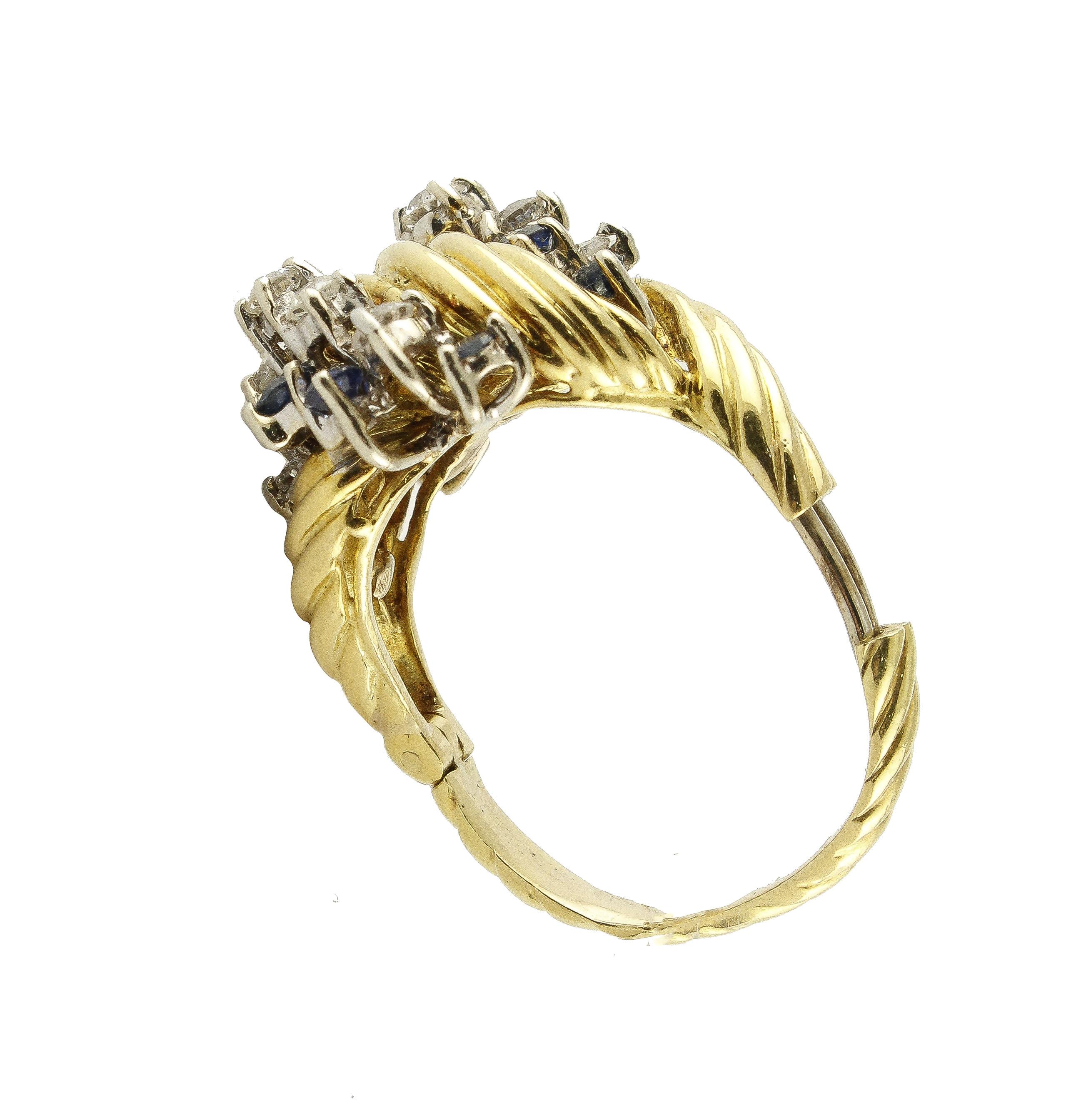 Blaue Saphire Weiße Diamanten Gelbgold Mode Ring Damen im Angebot