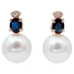 Blue Sapphires, White Pearls, Diamonds, 14 Karat Rose Gold Earrings