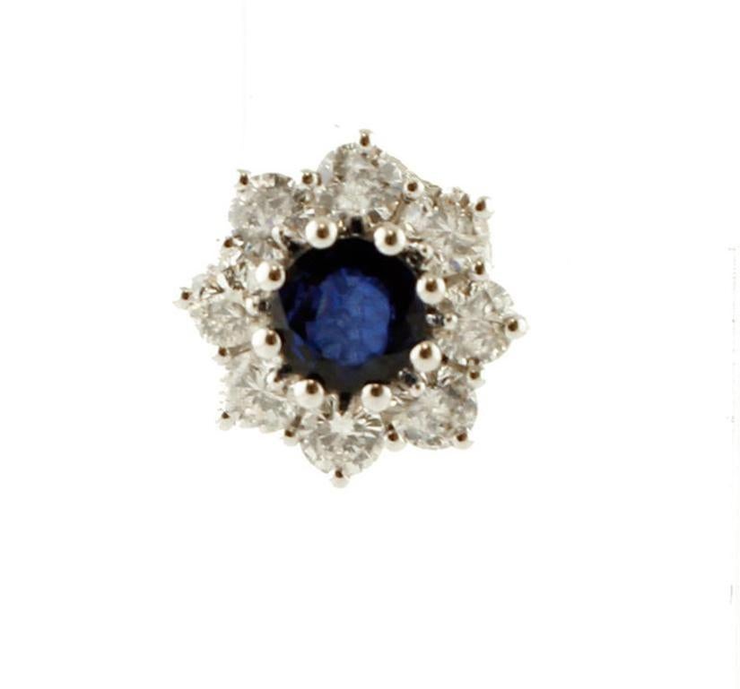 Modern Blue Sapphires, Diamonds, 18 Karat White Gold Flower Stud Earrings