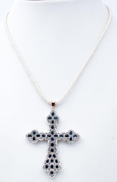 Blue Sapphires, Diamonds, 9 Karat Rose Gold and Silver Cross Pendant Necklace