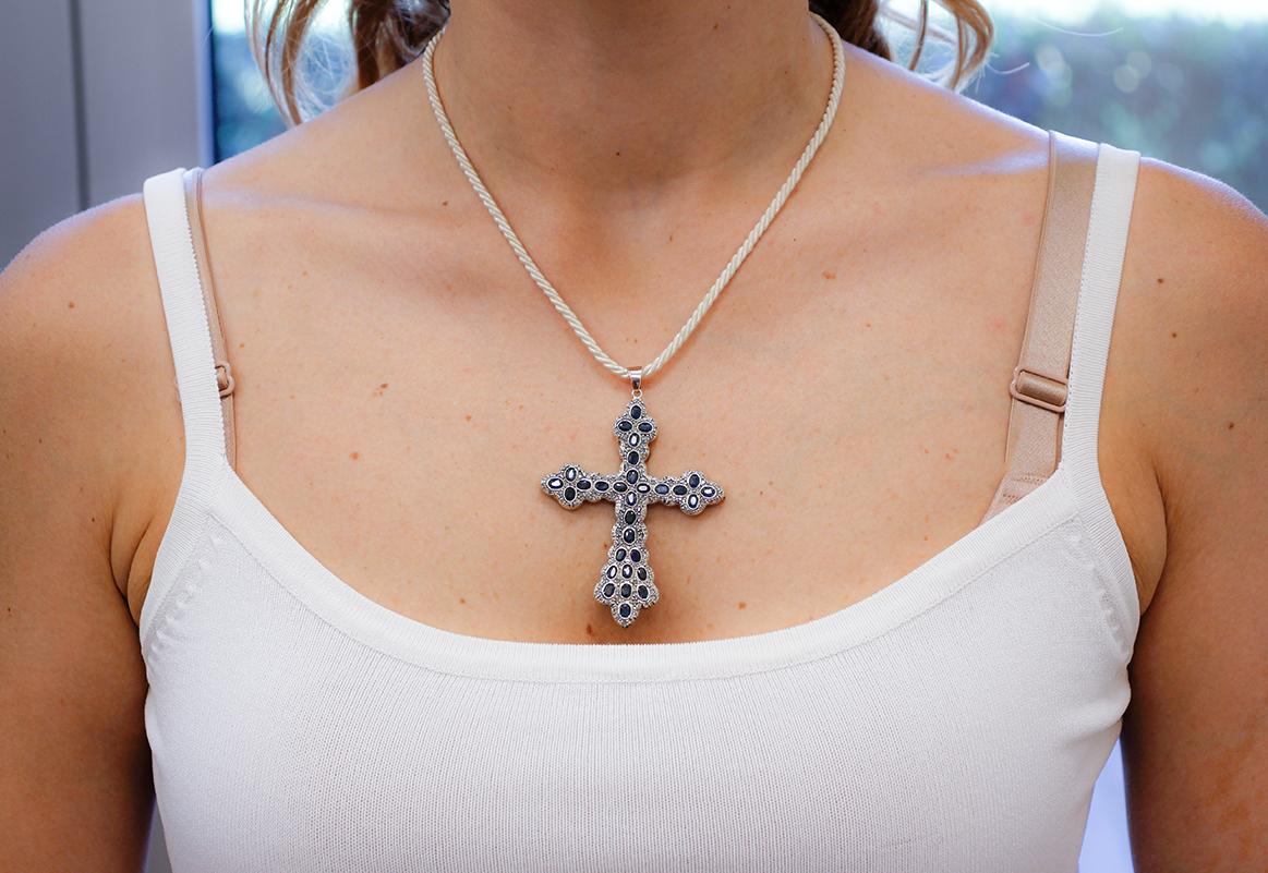 Mixed Cut Blue Sapphires, Diamonds, 9 Karat Rose Gold and Silver Cross Pendant Necklace For Sale