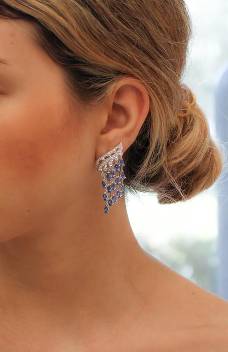 Women's Blue Sapphires, Diamonds, 14 Karat White Gold Chandelier Earrings