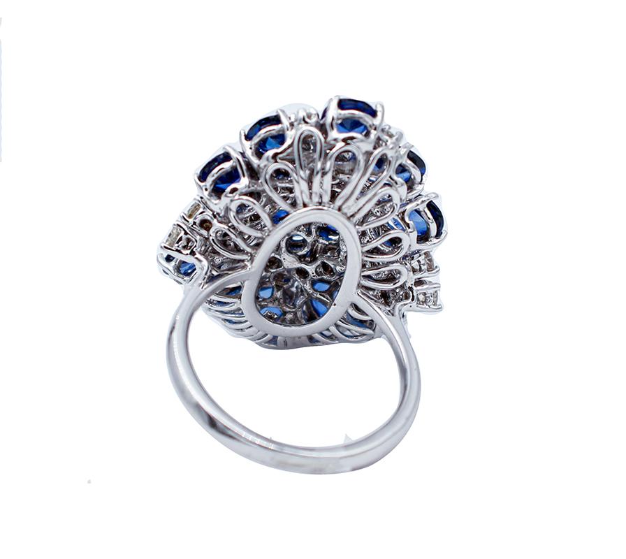 Retro Blue Sapphires, Diamonds, 14 Karat White Gold Ring For Sale