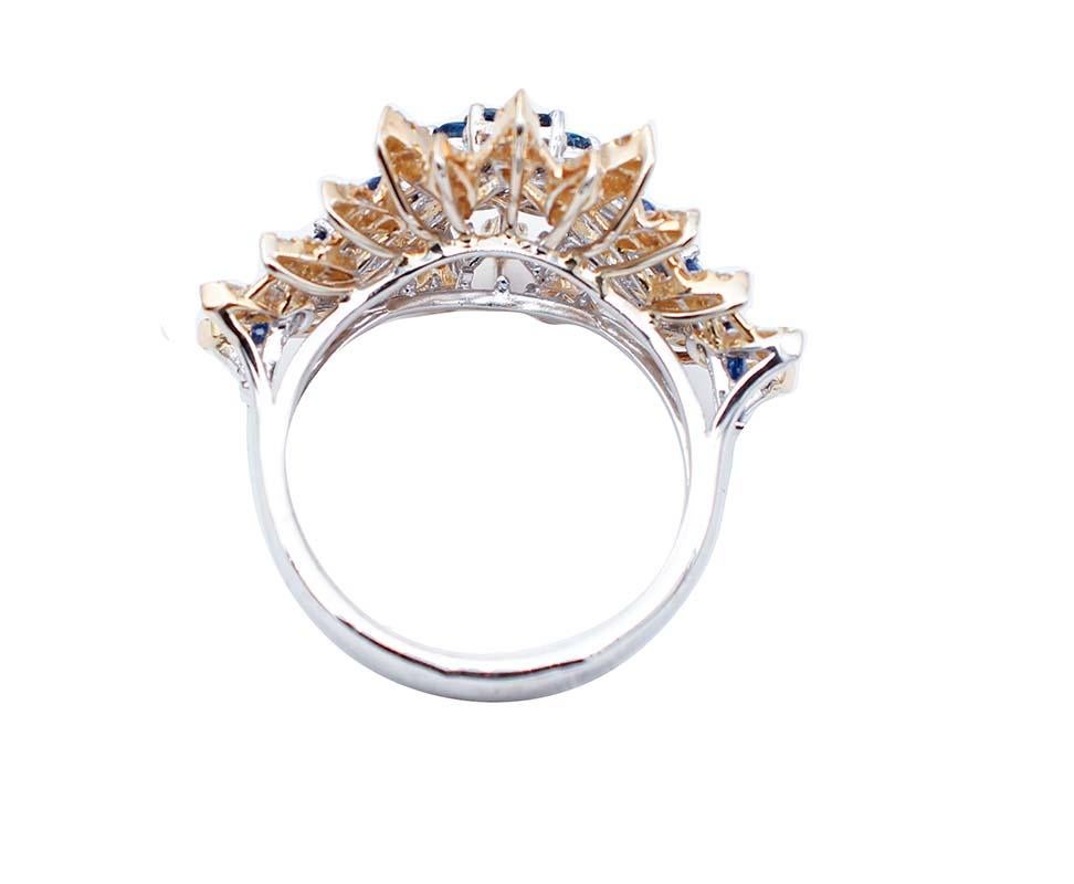Blue Sapphires, Diamonds, 18 Karat White and Yellow Gold Ring Retro