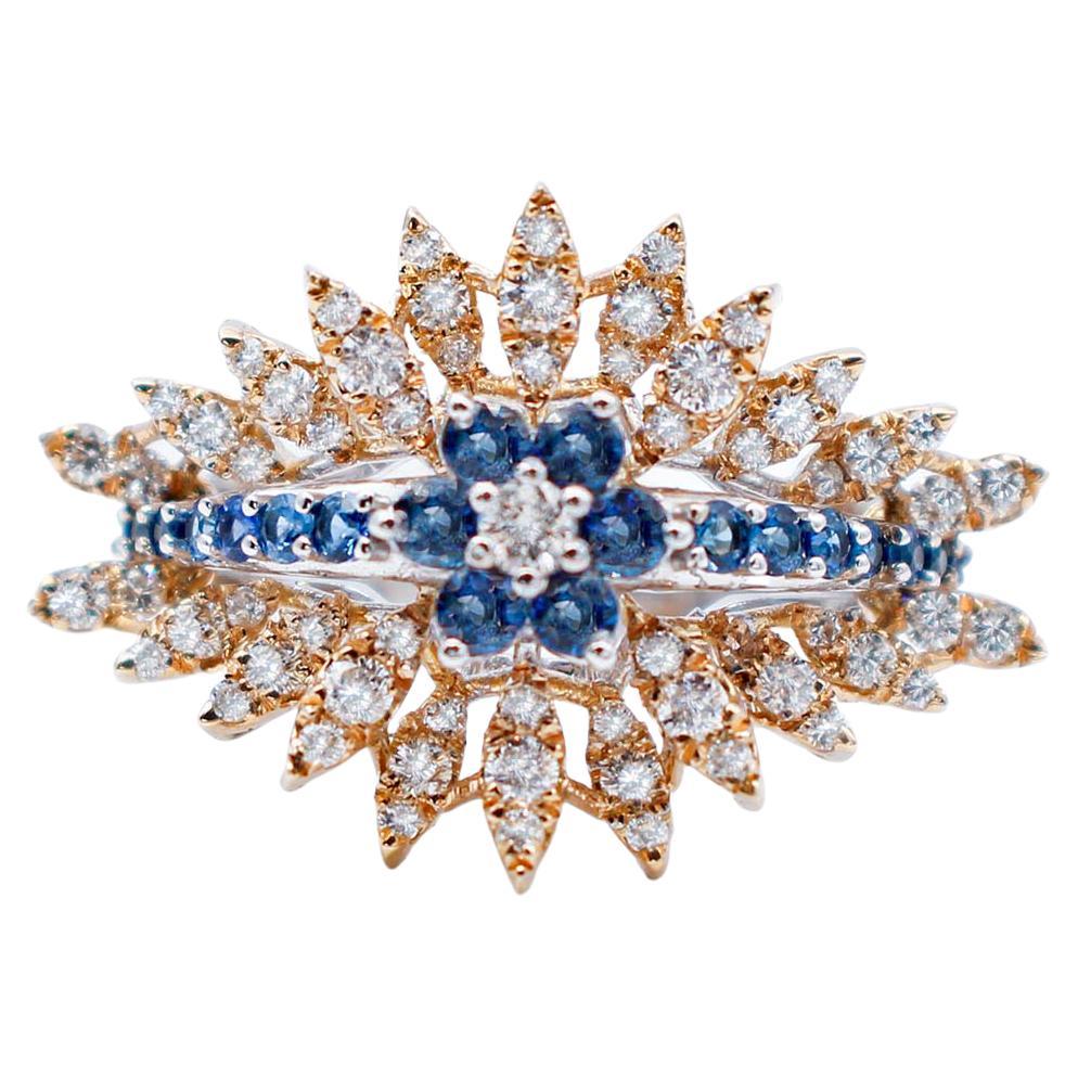 Blue Sapphires, Diamonds, 18 Karat White and Yellow Gold Ring