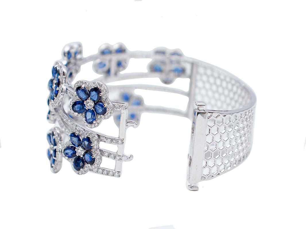 Mixed Cut Blue Sapphires, Diamonds, 18 Karat White Gold Bracelet For Sale