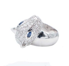 Blue Sapphires, Diamonds, 18 Karat White Gold Cheetah Shape  Ring.