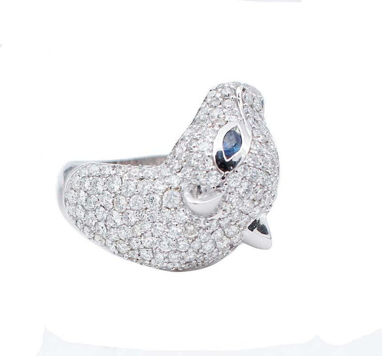 Modern Blue Sapphires,Diamonds,18 Karat White Gold Cheetah Shape  Ring. For Sale
