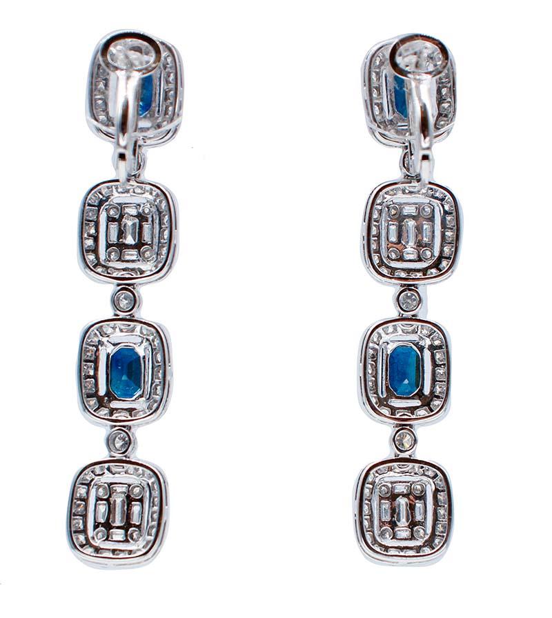 Modern Blue Sapphires, Diamonds, 18 Karat White Gold Dangle Earrings For Sale
