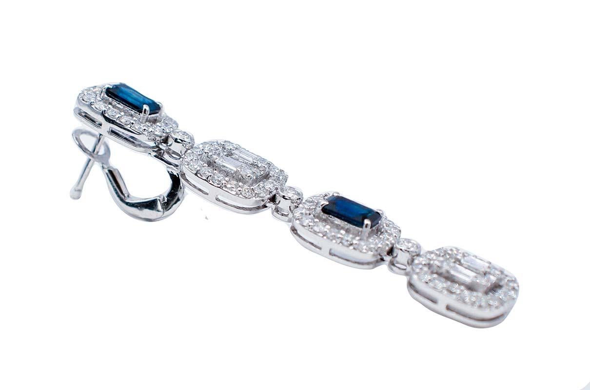 Mixed Cut Blue Sapphires, Diamonds, 18 Karat White Gold Dangle Earrings For Sale
