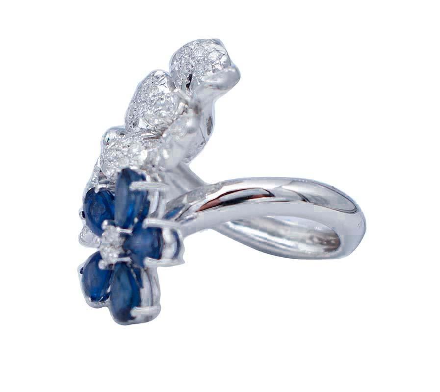 Mixed Cut Blue Sapphires, Diamonds, 18 Karat White Gold Modern Ring