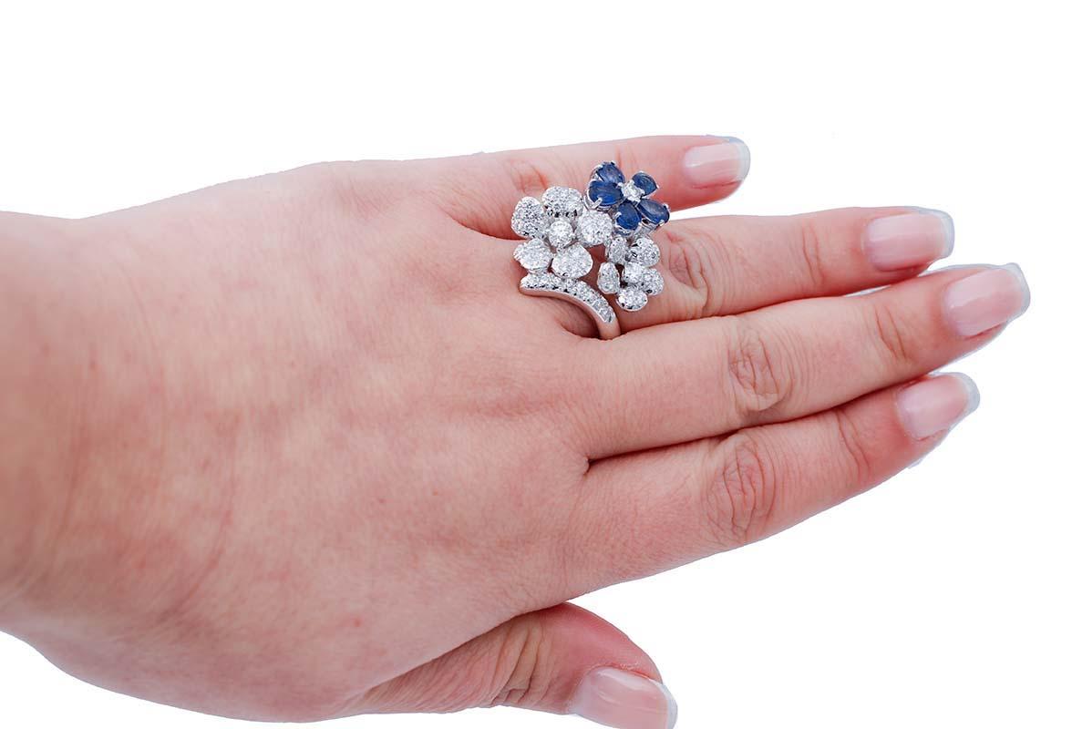 Blue Sapphires, Diamonds, 18 Karat White Gold Modern Ring 1
