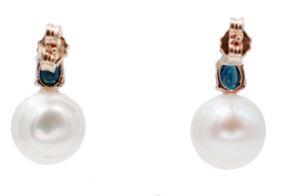 Retro Blue Sapphires, Diamonds, Baroque Pearls, 14 Karat Rose Gold Stud Earrings