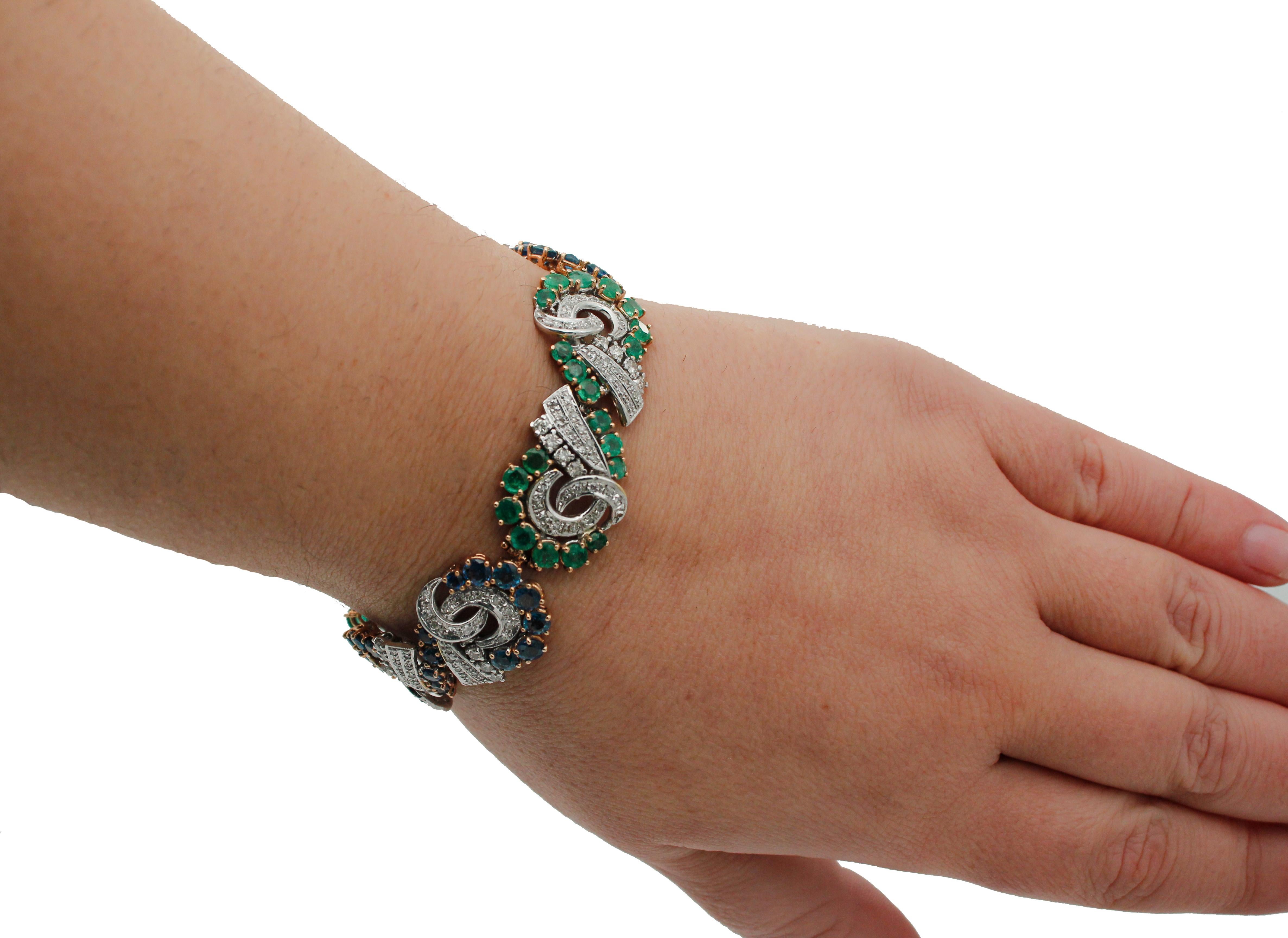 Blue Sapphires, Emeralds, Diamonds, 14 Karat White and Rose Gold Bracelet In Good Condition In Marcianise, Marcianise (CE)