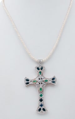 Blue Sapphires, Emeralds, Diamonds, 9 Karat Yellow Gold and Silver Cross Pendant