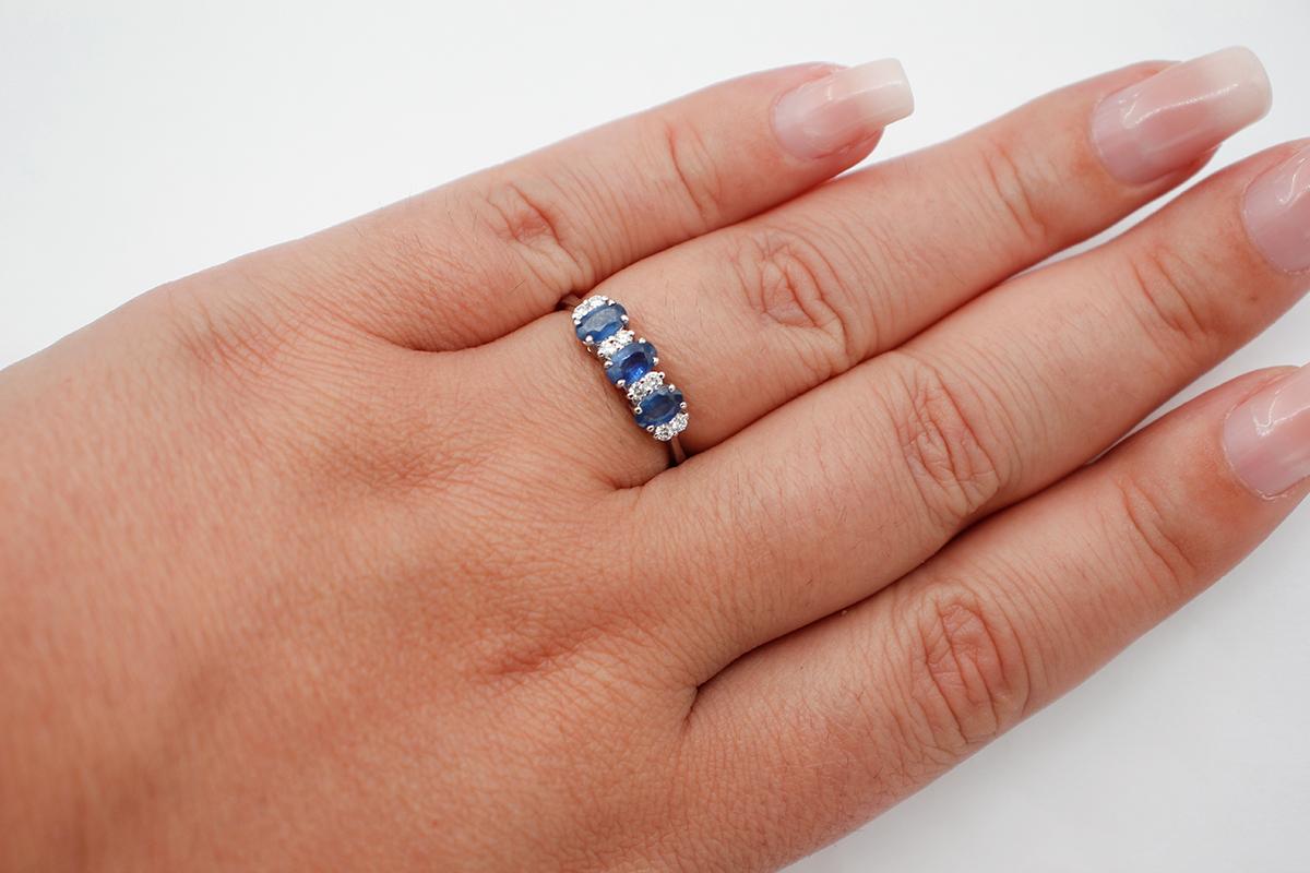 Mixed Cut Blue Sapphires, White Diamonds, 18 Karat White Gold Ring