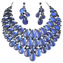 Blue Satin Pear Shaped Cabochon Crystal Runway Necklace and Earrings Set