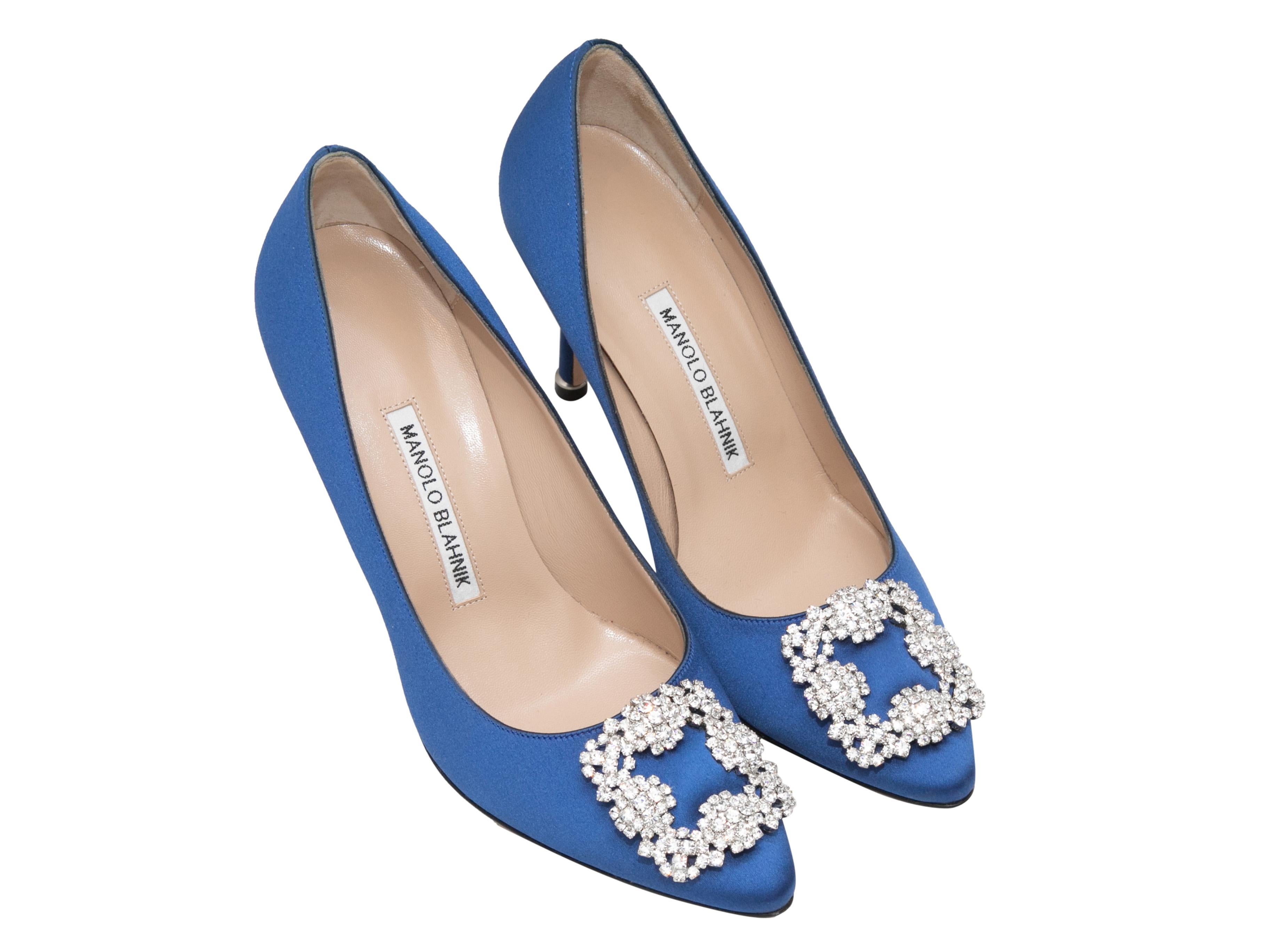 Blue satin pointed-toe Hangisi crystal buckle pumps by Manolo Blahnik. 3.75