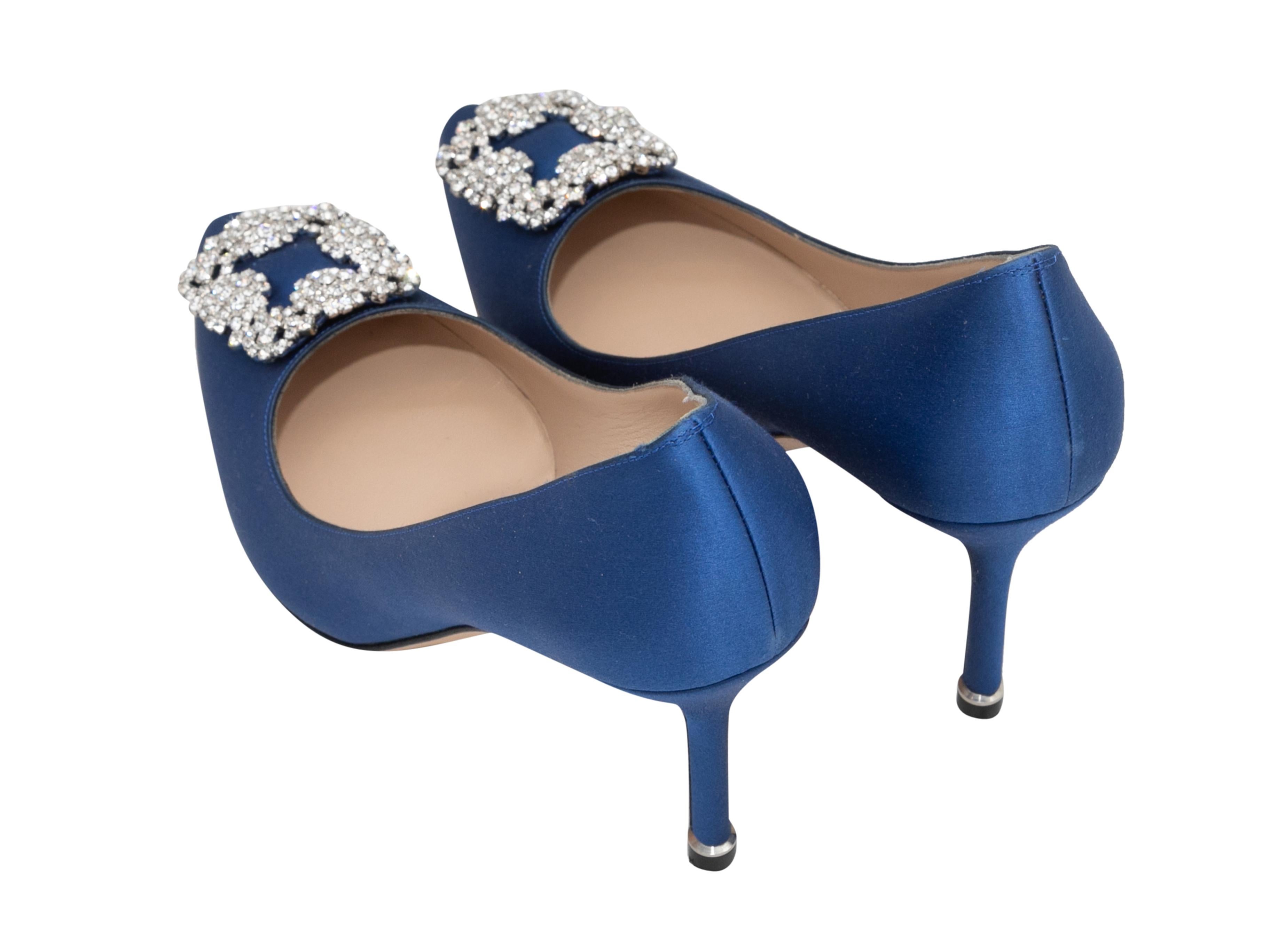 Blue Manolo Blahnik Satin & Hangisi Crystal Pointed-Toe Pumps Size 37.5 In Good Condition In New York, NY