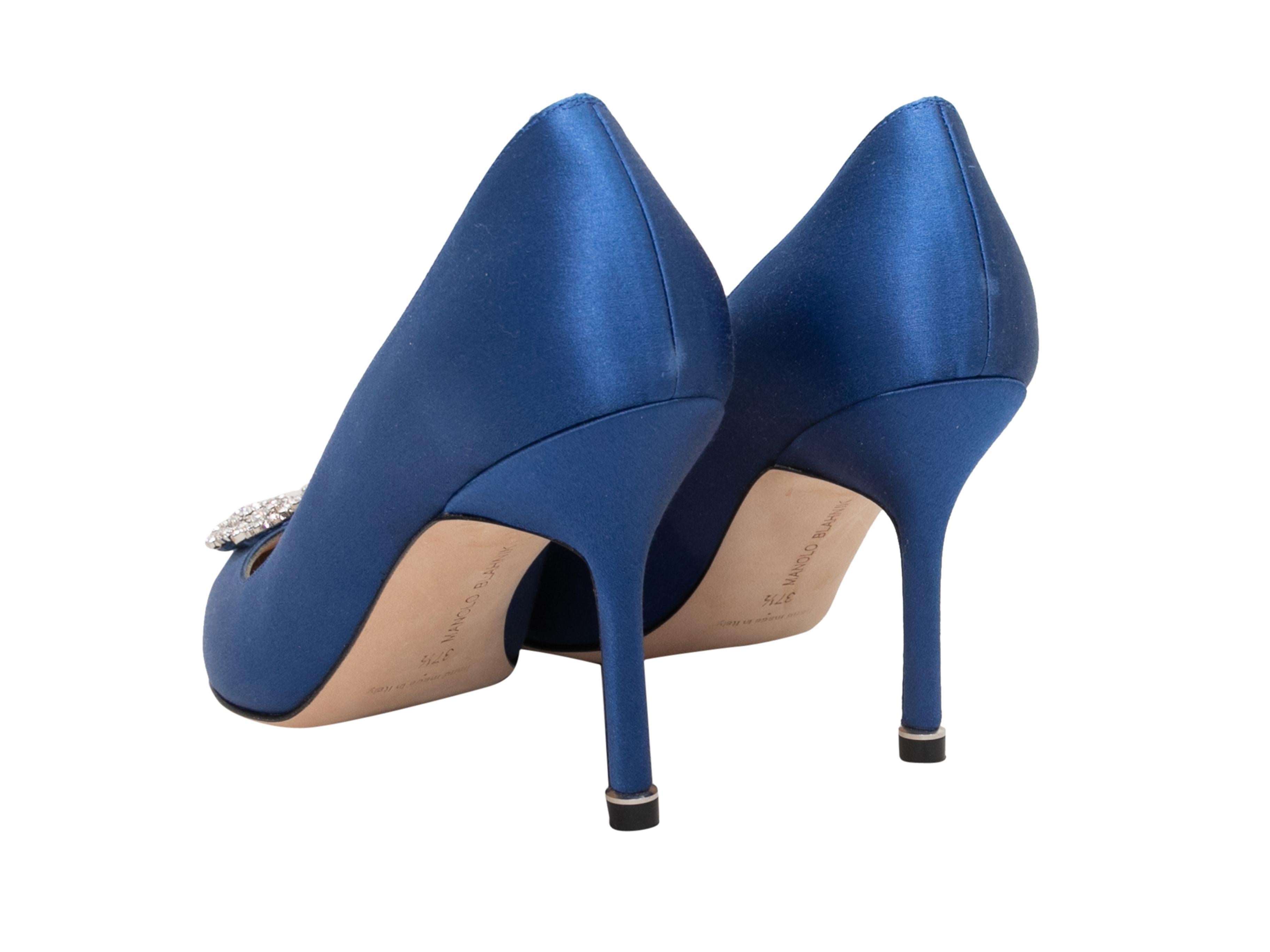 Women's Blue Manolo Blahnik Satin & Hangisi Crystal Pointed-Toe Pumps Size 37.5