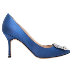 Blue Manolo Blahnik Satin & Hangisi Crystal Pointed-Toe Pumps Size 37.5