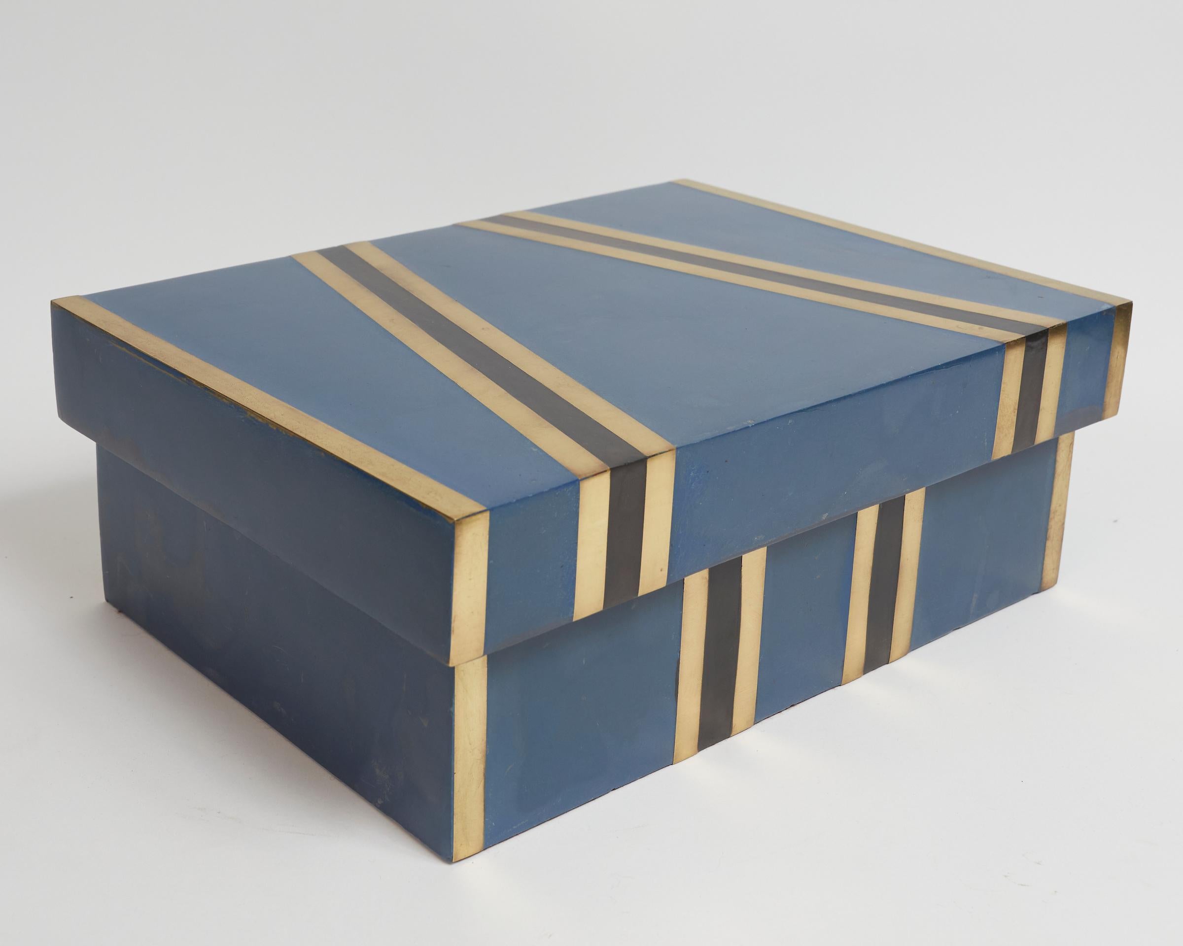 Mid-Century Modern Blue Scagliola and Brass Inlay Box Attributed of Karl Springer