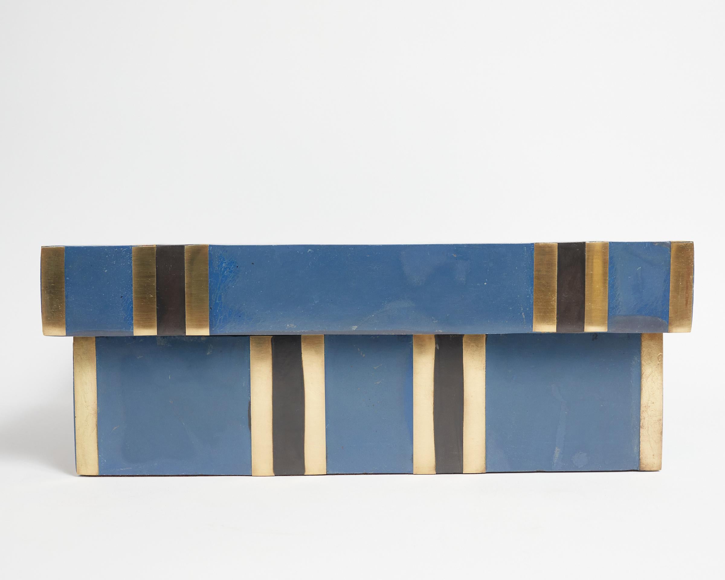 Blue Scagliola and Brass Inlay Box Attributed of Karl Springer In Good Condition In Montreal, QC