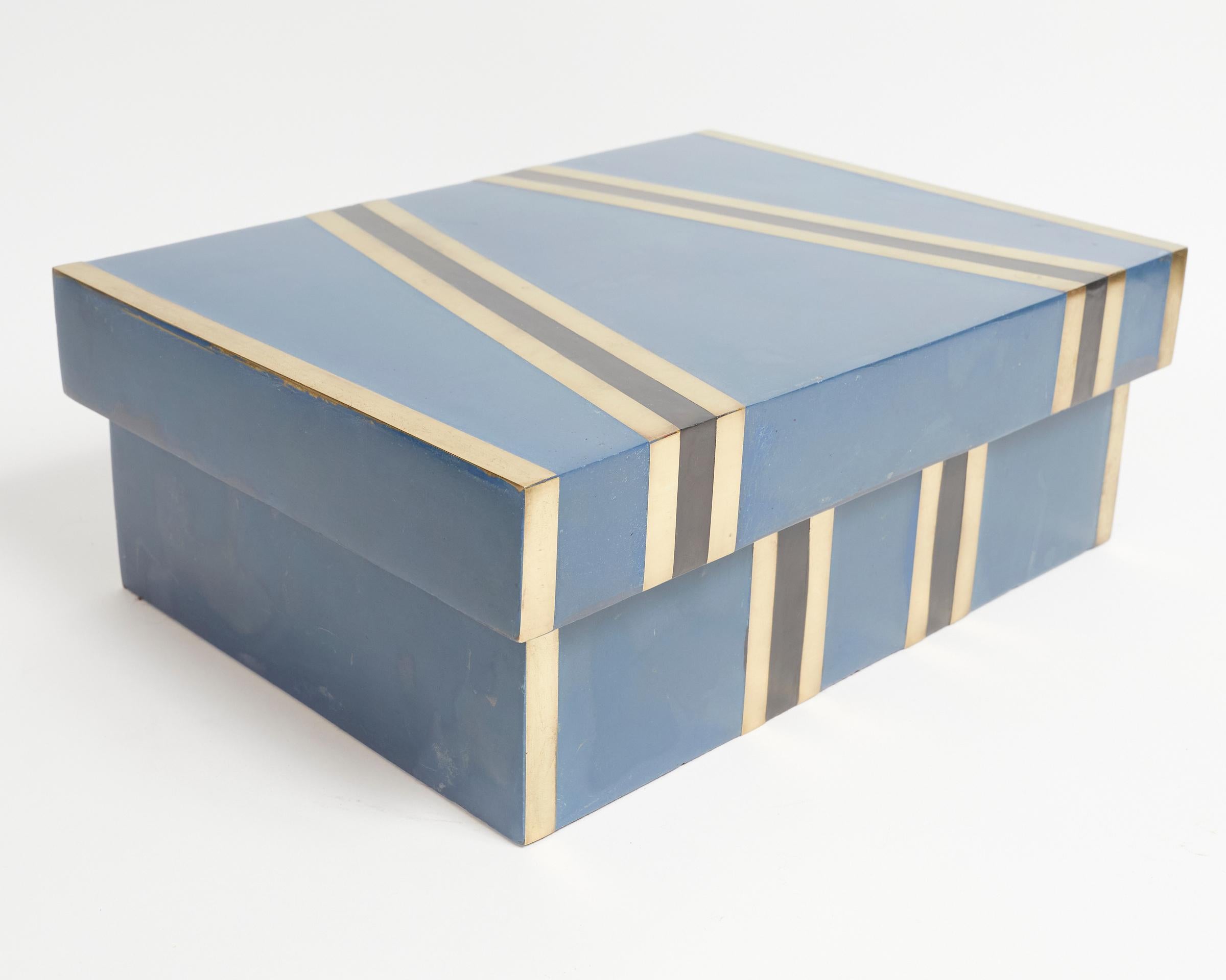 Late 20th Century Blue Scagliola and Brass Inlay Box Attributed of Karl Springer