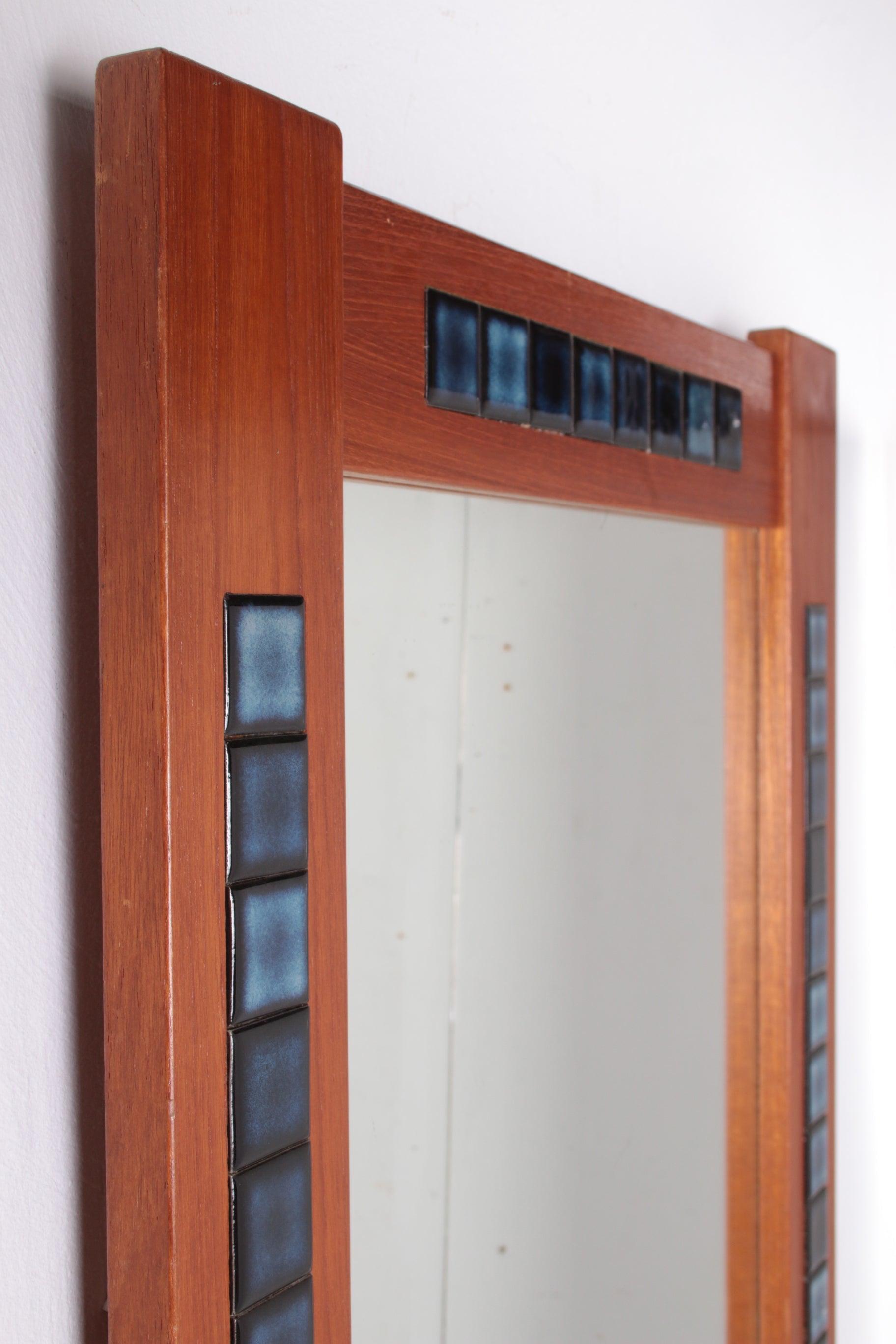 Blue Scandinavian Tiled Mirror with Teak Wood Frame, 1960s In Good Condition In Oostrum-Venray, NL
