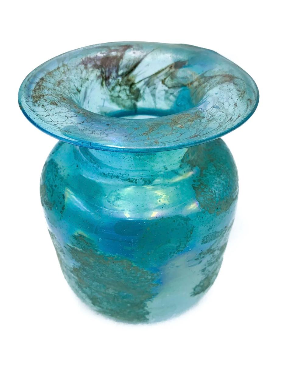 Art Nouveau Blue Scavo Iridescent Glass Vase from the 1930s For Sale