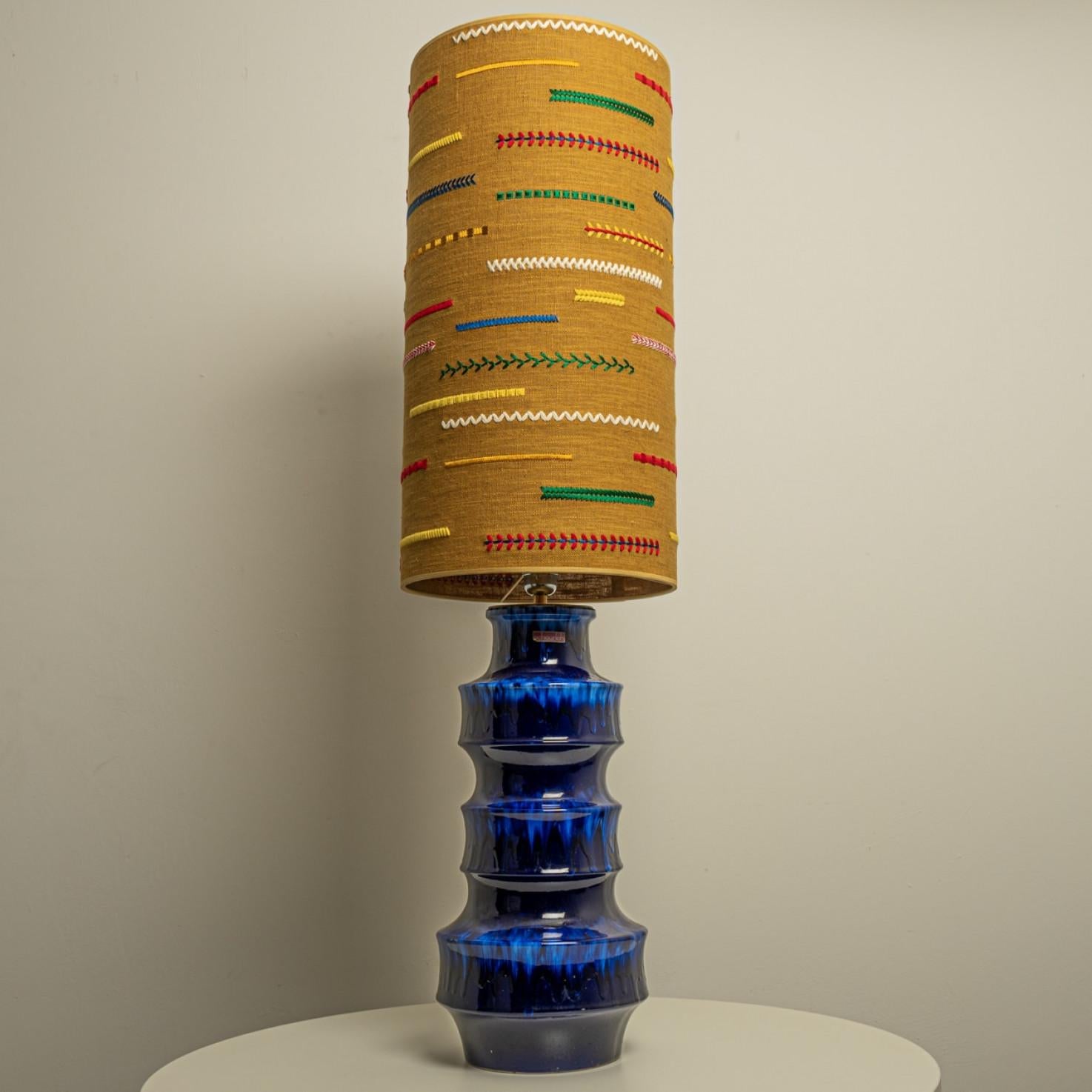 Mid-Century Modern Blue Scheurig Ceramic Table Lamp with Custom Lampshade by René Houben For Sale