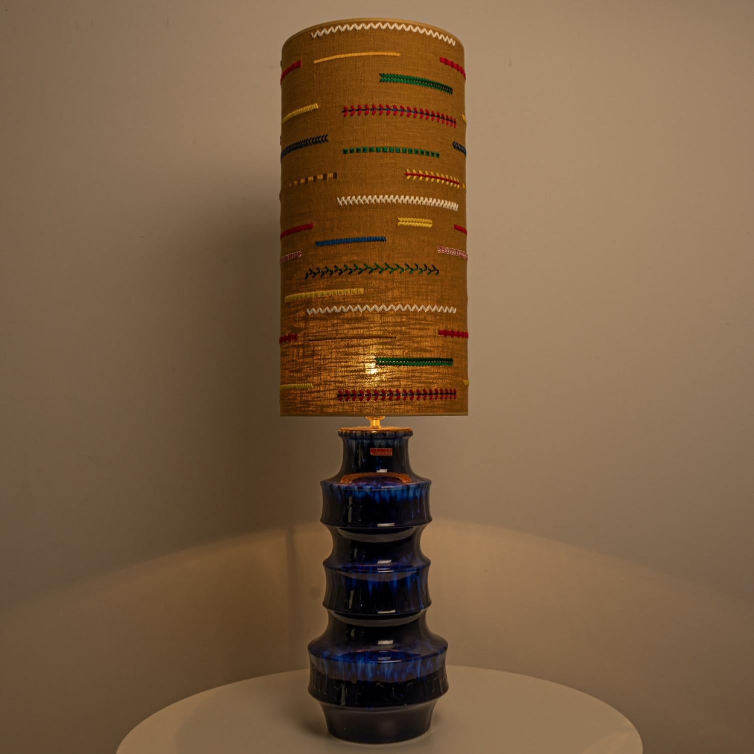 German Blue Scheurig Ceramic Table Lamp with Custom Lampshade by René Houben For Sale